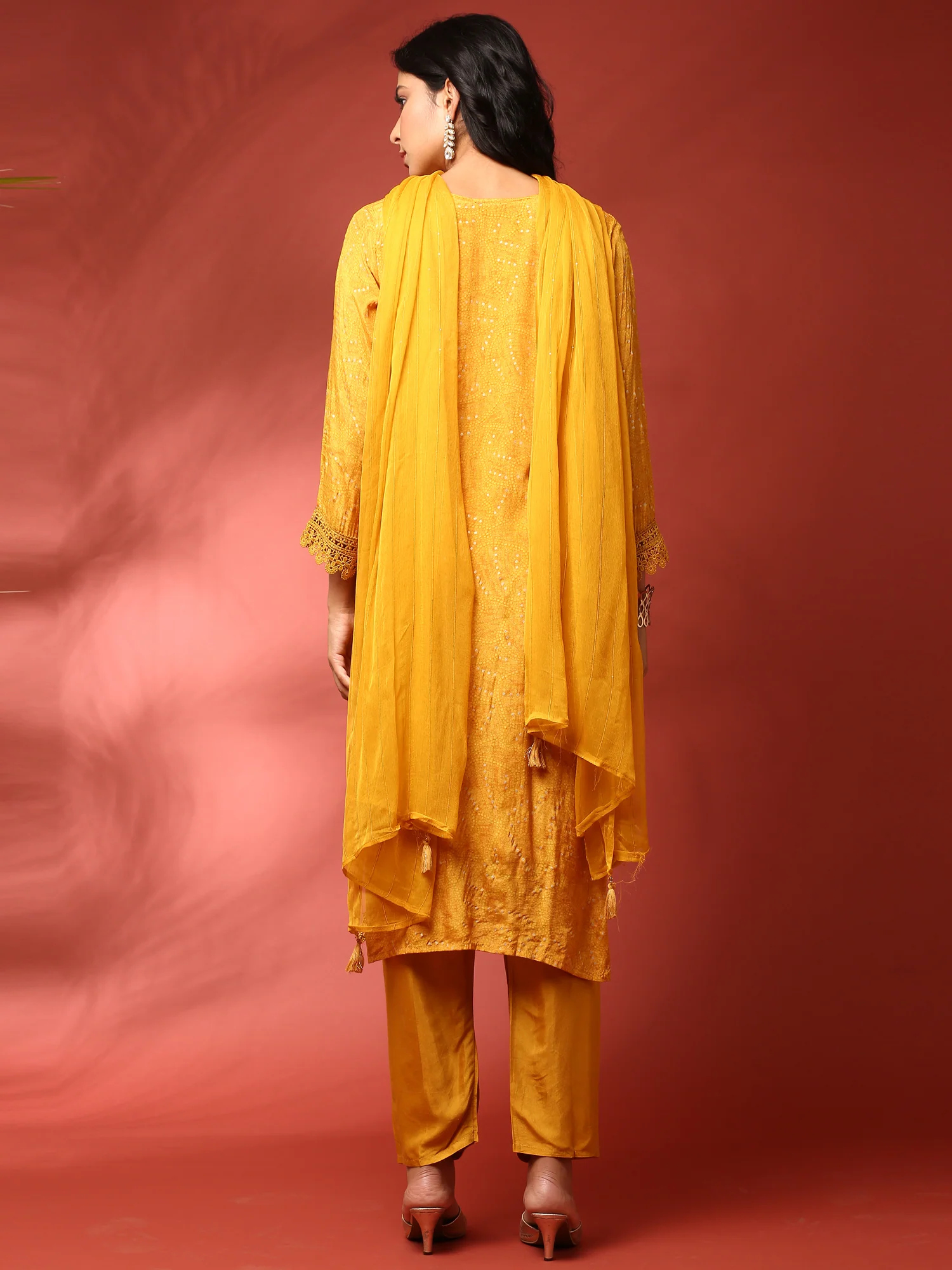 Mustard Muslin Straight three piece hand embroidered suit set - Image 4