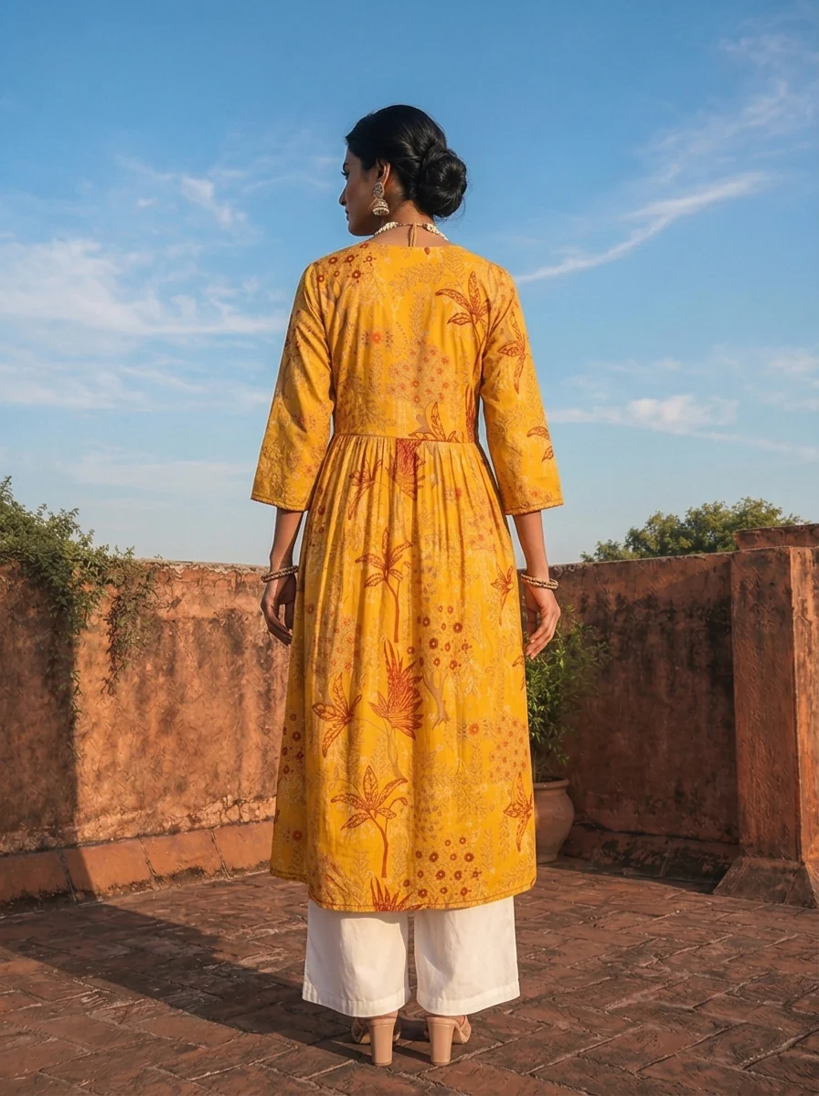 Mustard Muslin Tree & Floral Printed Kurta - Image 2