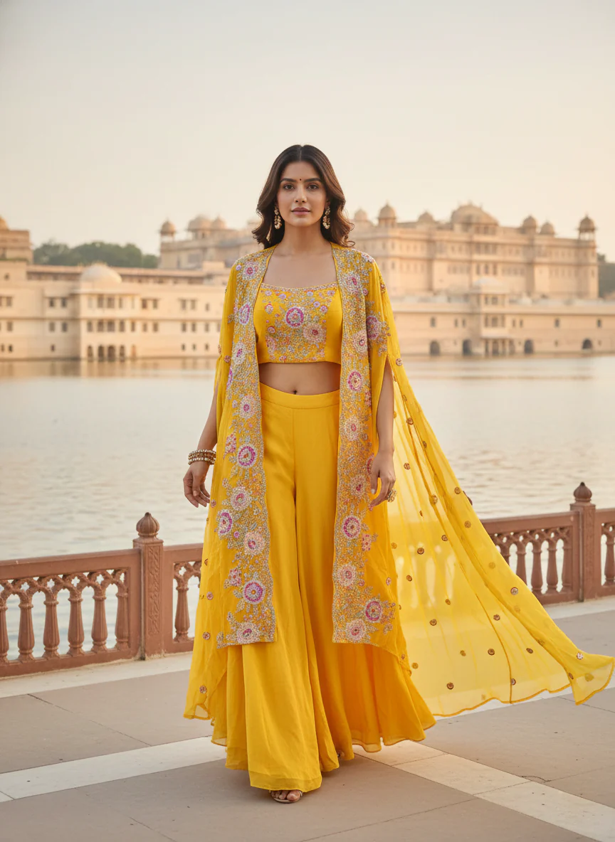 Mustard Organza Crop Top And Palazzo Set