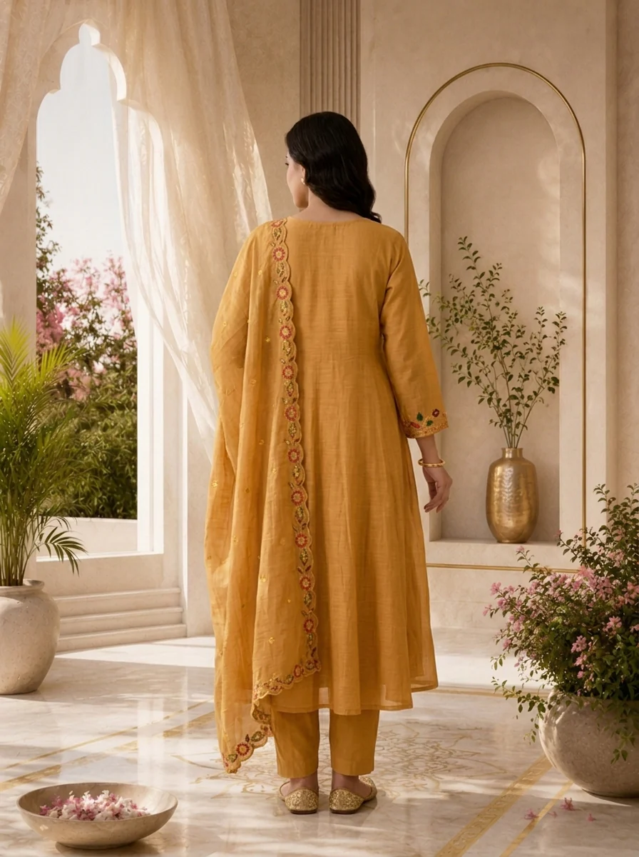 Mustard Pleated Design And Floral Thread Embroidery Chanderi Three Piece Set - Image 3