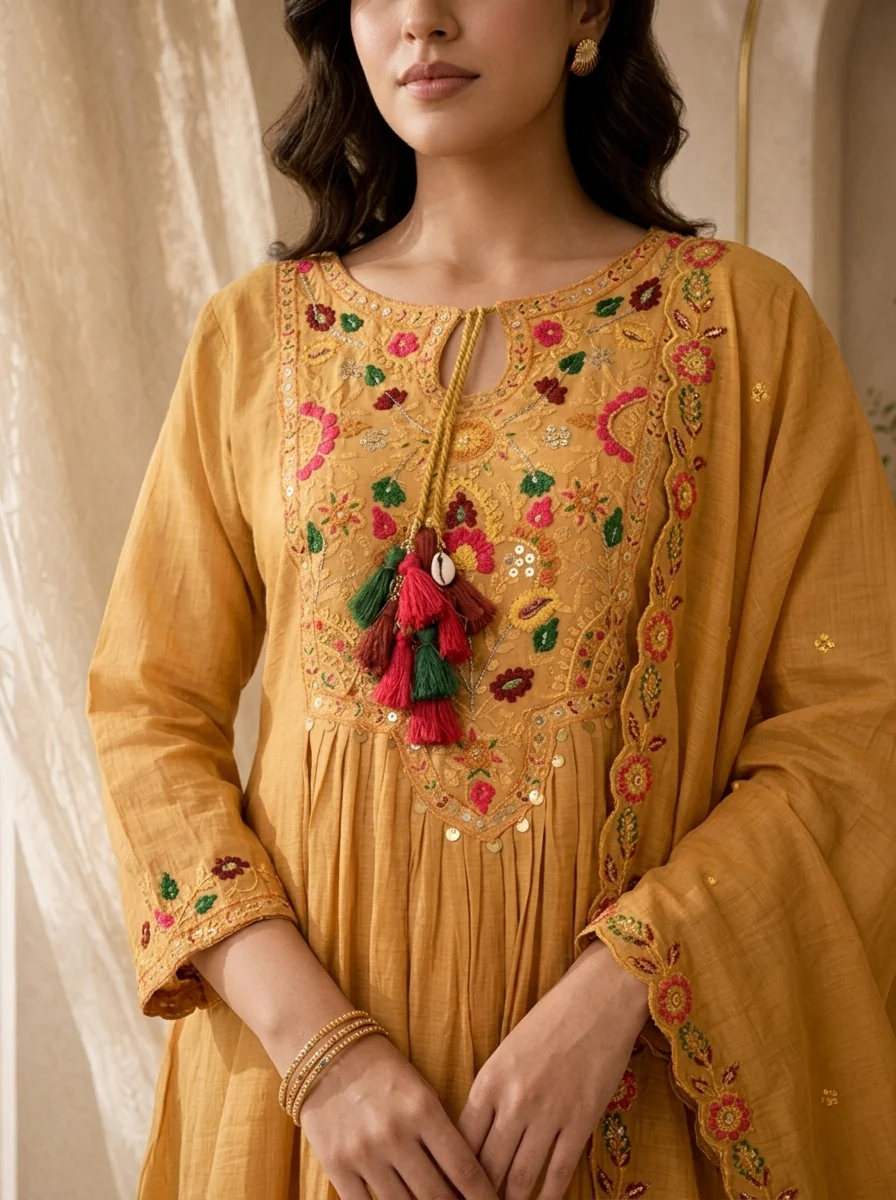 Mustard Pleated Design And Floral Thread Embroidery Chanderi Three Piece Set - Image 4