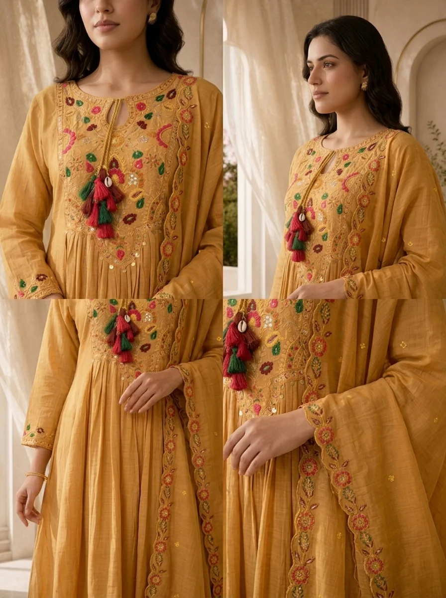 Mustard Pleated Design And Floral Thread Embroidery Chanderi Three Piece Set - Image 5