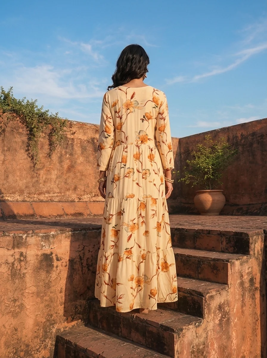 Mustard Rayon Floral Blossom Printed Dress - Image 2