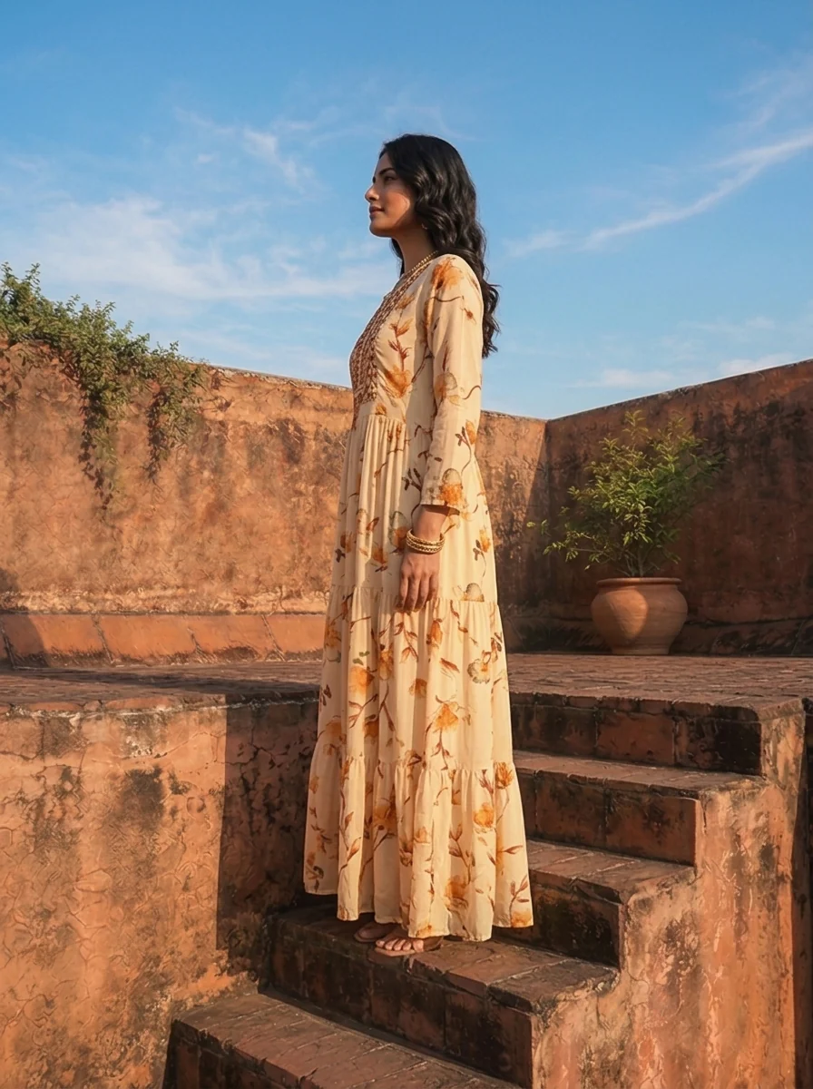 Mustard Rayon Floral Blossom Printed Dress - Image 3