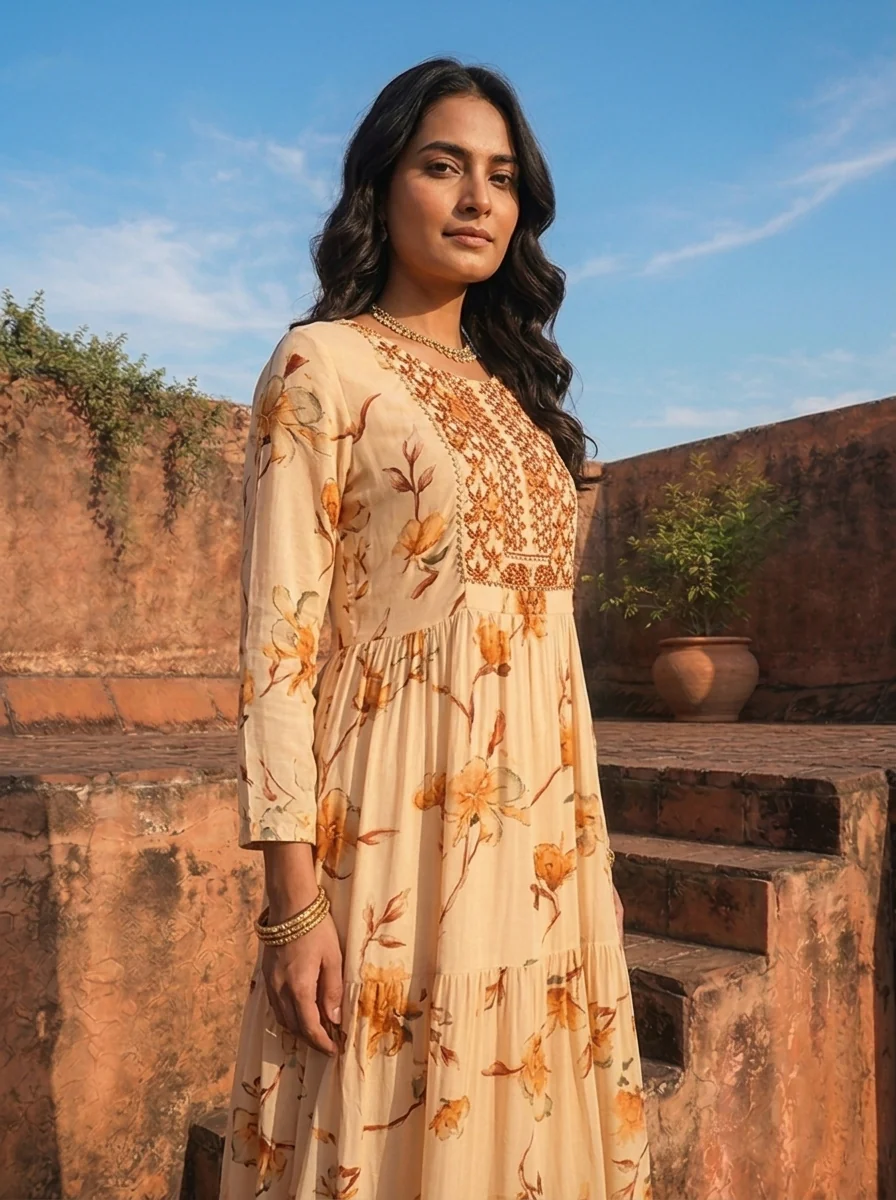 Mustard Rayon Floral Blossom Printed Dress - Image 4