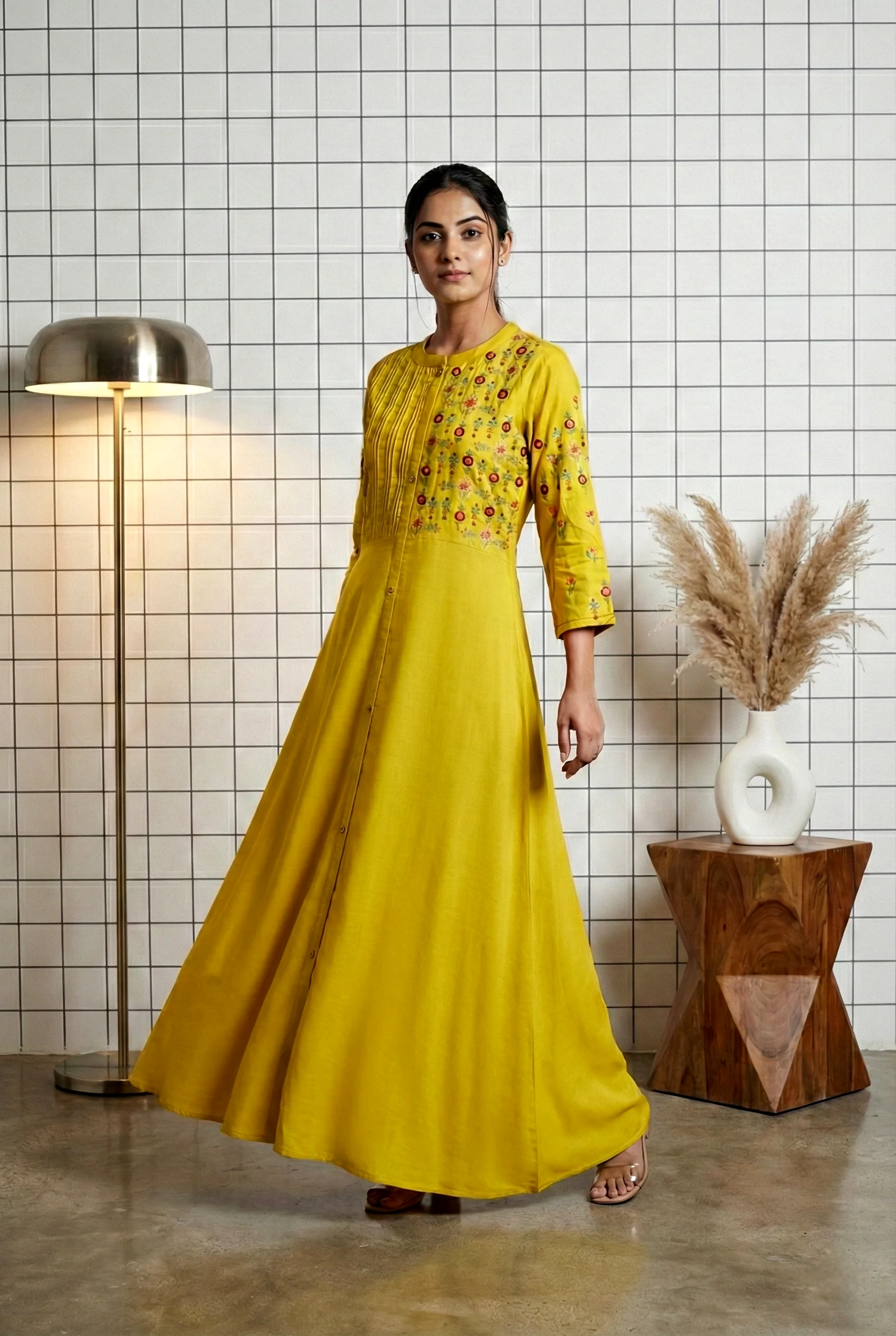 Mustard Rayon Floral Thread Embroidery Long Dress