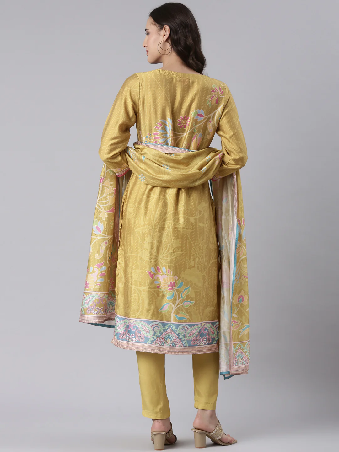 Mustard Silk Embroidered With Work Three Piece Set - Image 3