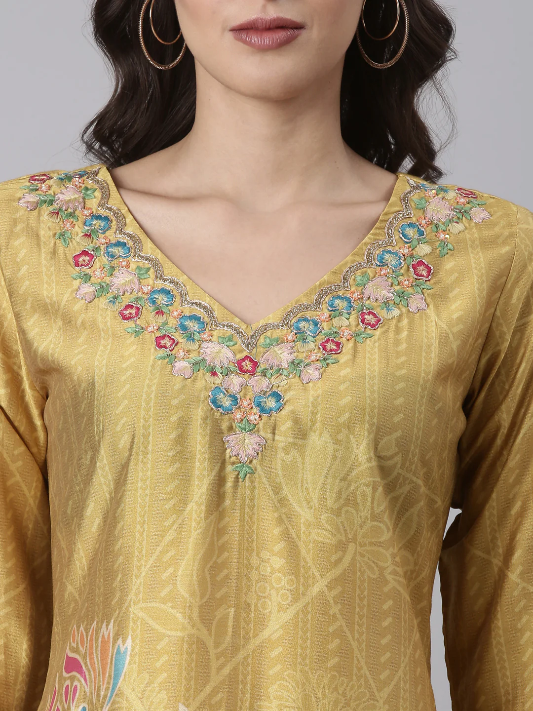 Mustard Silk Embroidered With Work Three Piece Set - Image 4