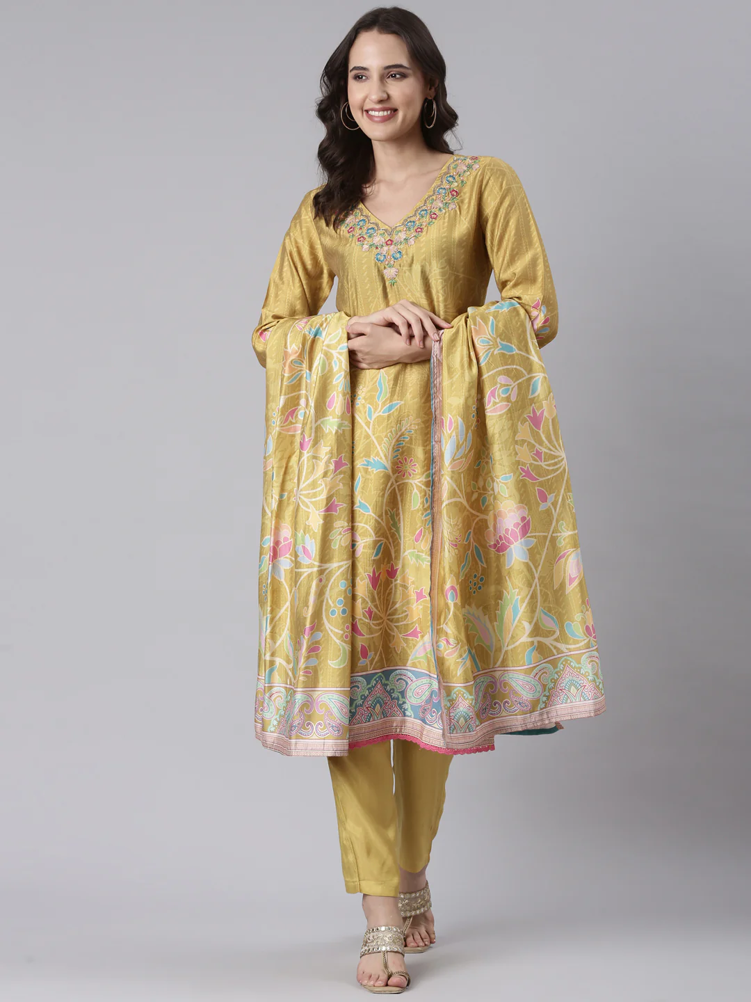 Mustard Silk Embroidered With Work Three Piece Set - Image 5