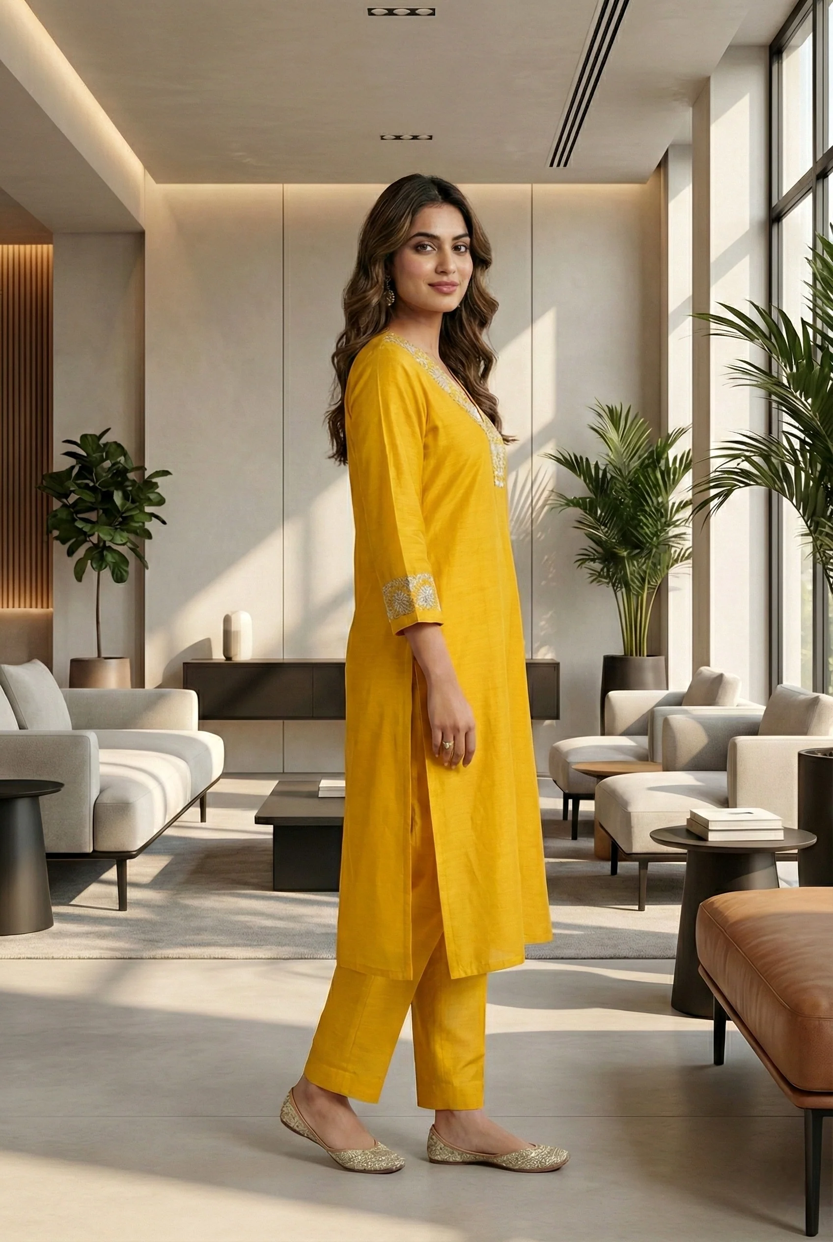 Mustard Silk Floral Aari Embroidered Two Piece Set - Image 2
