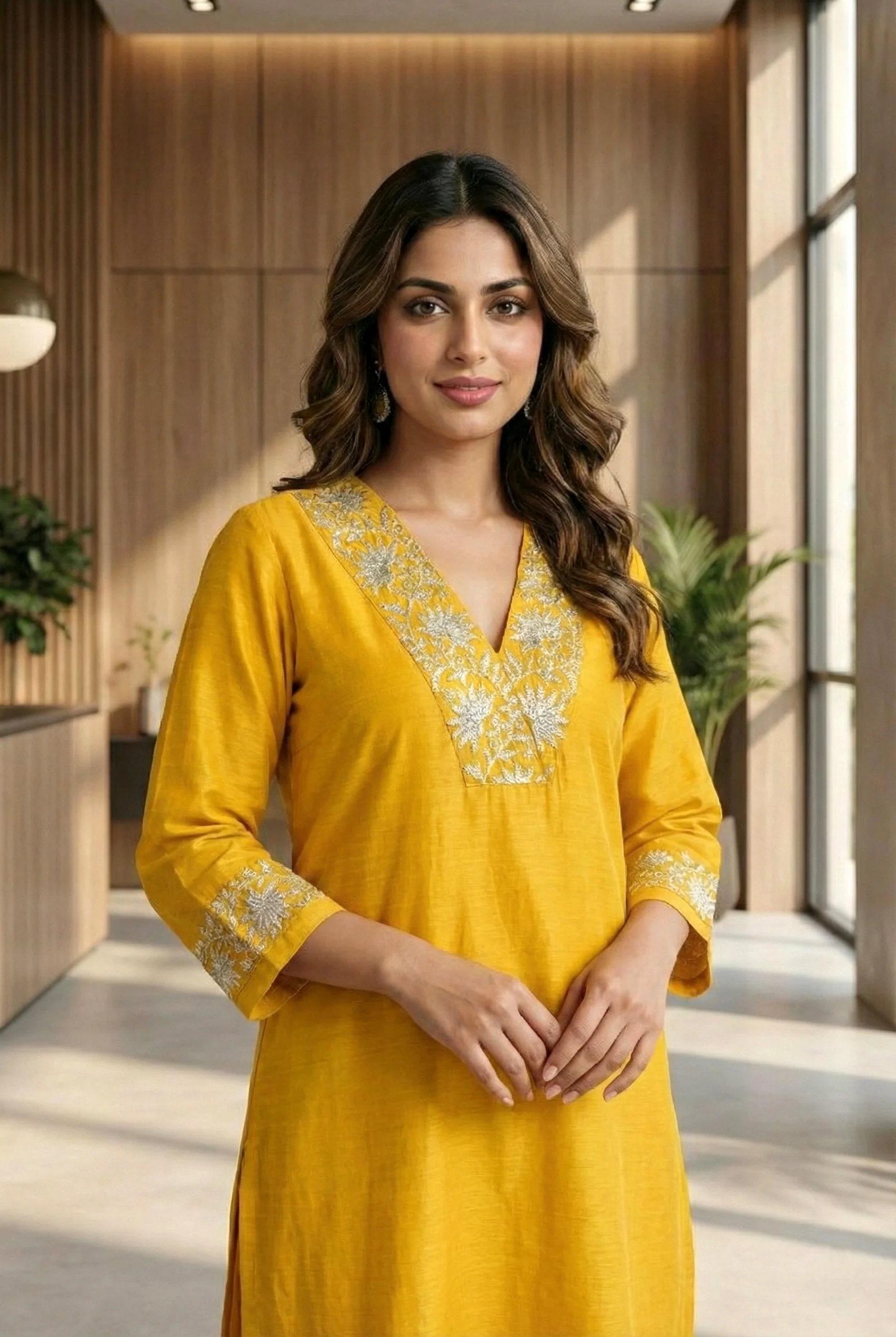 Mustard Silk Floral Aari Embroidered Two Piece Set - Image 5