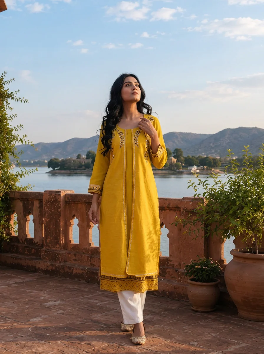 Mustard Silk Geometric Block-Printed Kurta