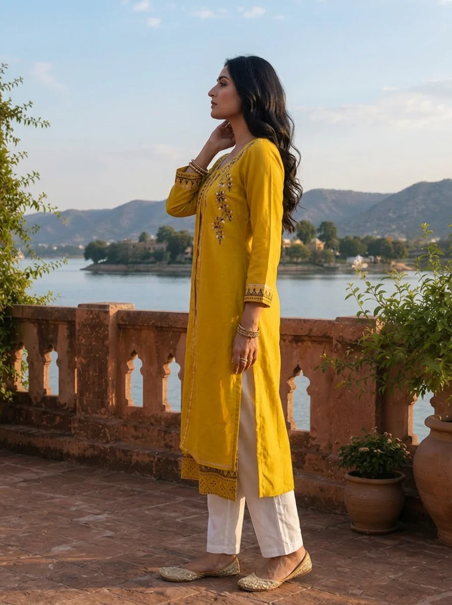 Mustard Silk Geometric Block-Printed Kurta - Image 3
