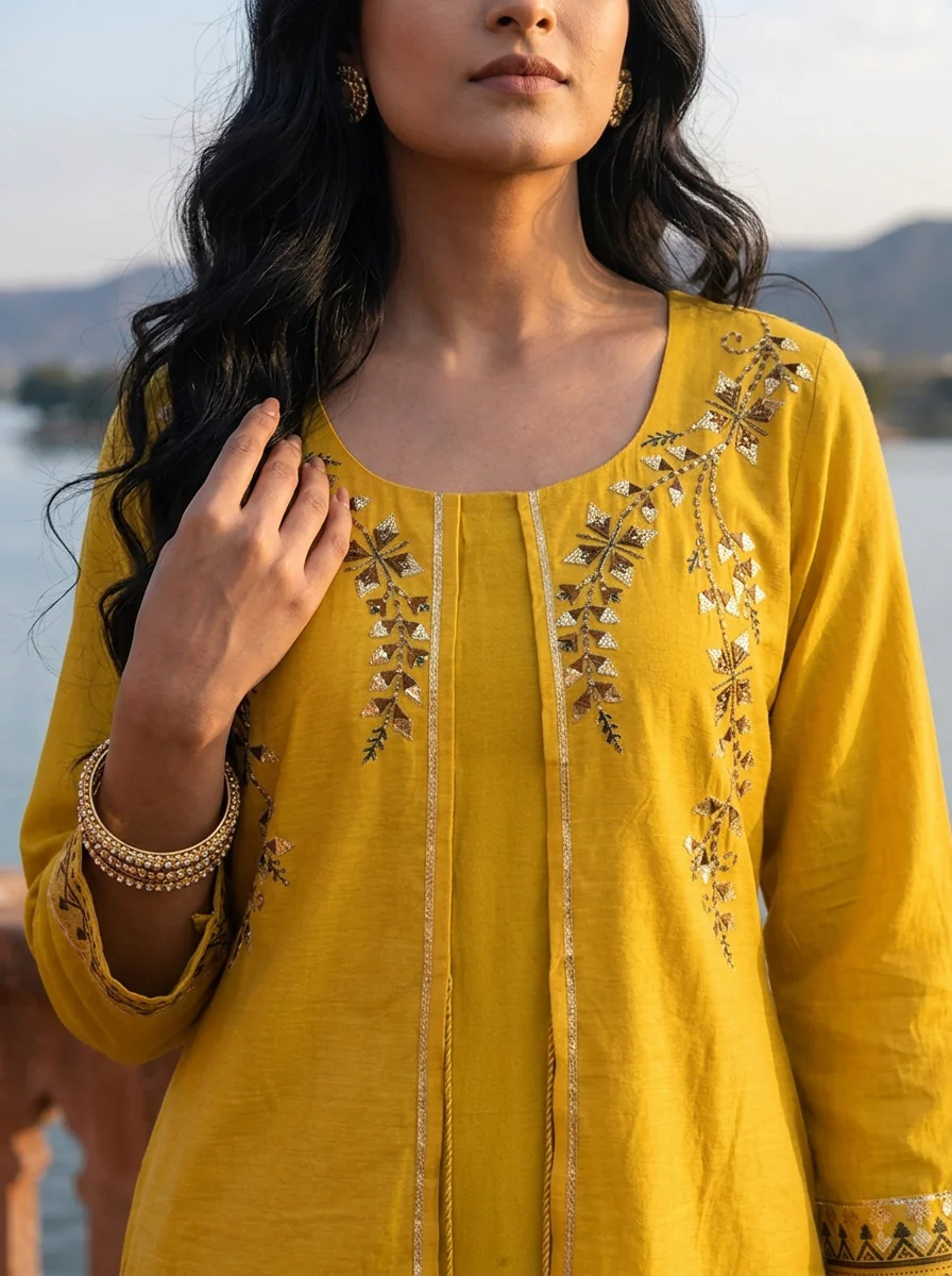 Mustard Silk Geometric Block-Printed Kurta - Image 4