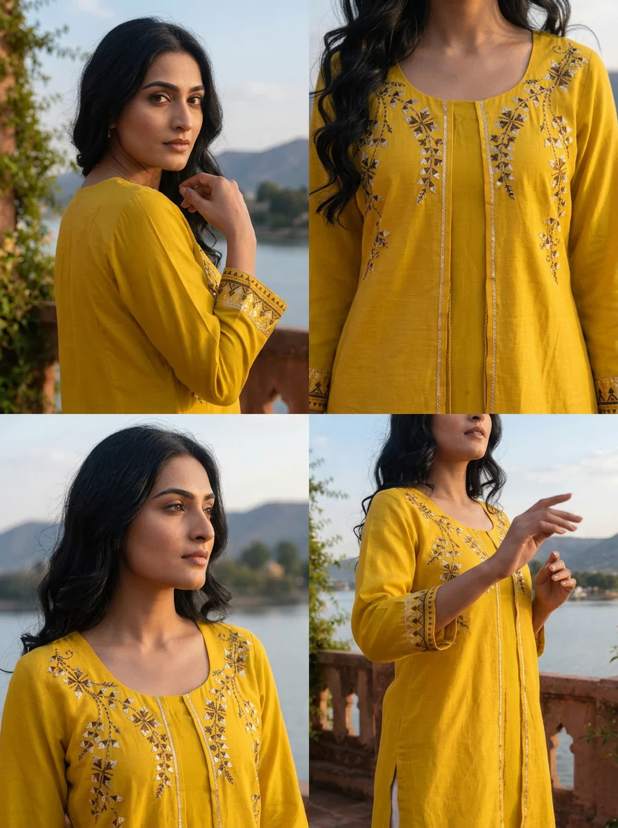 Mustard Silk Geometric Block-Printed Kurta - Image 5