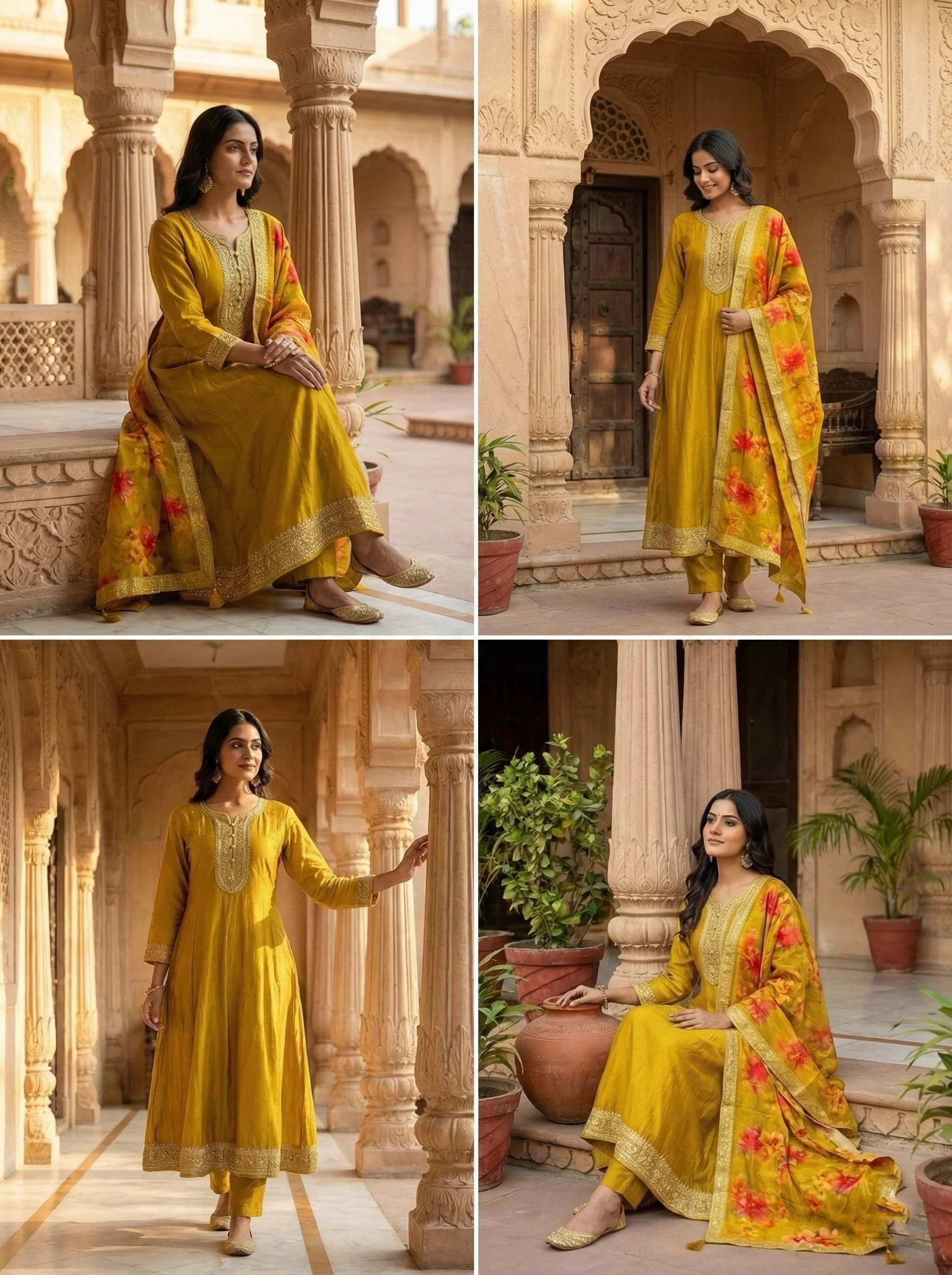 Mustard Silk Hand Embroidered With Floral Digital Print Three Piece Set - Image 2