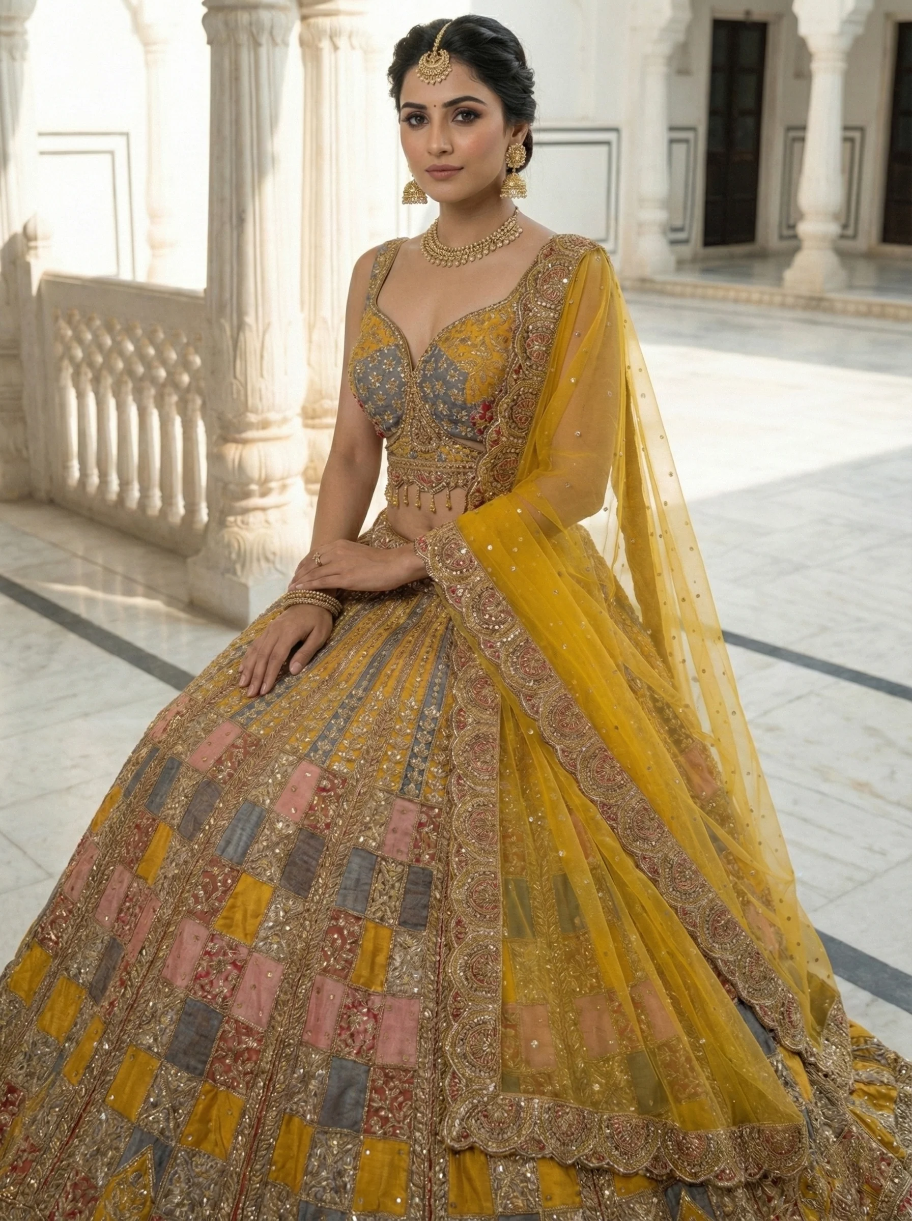 Mustard Silk Heavy Hand Embroidered Ghagra Set - Image 3