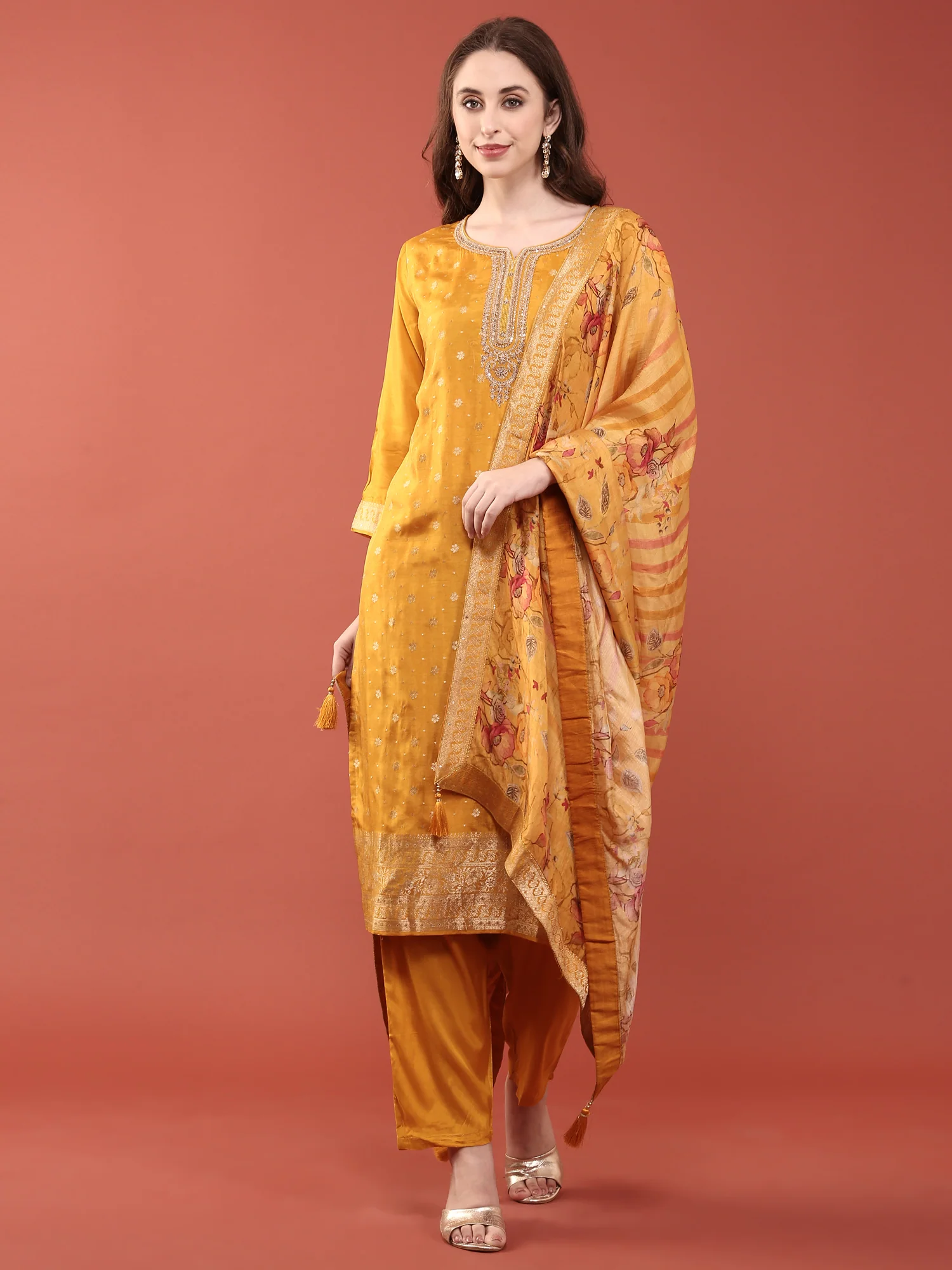 Mustard Silk With Sequence and Hand Embroidered Three Piece Set - Image 2