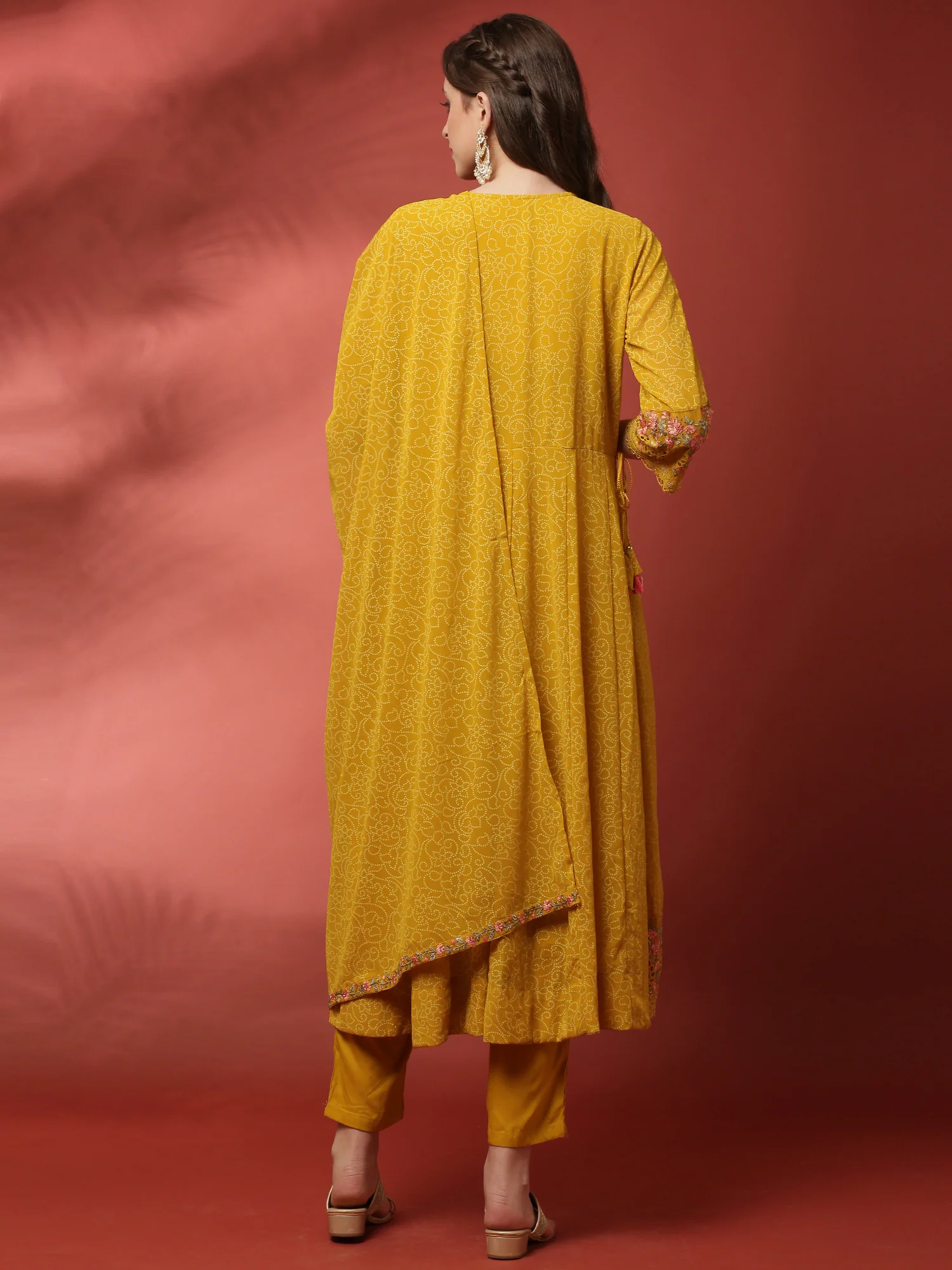 Mustard three piece georgette suit set with floral embroidery - Image 3