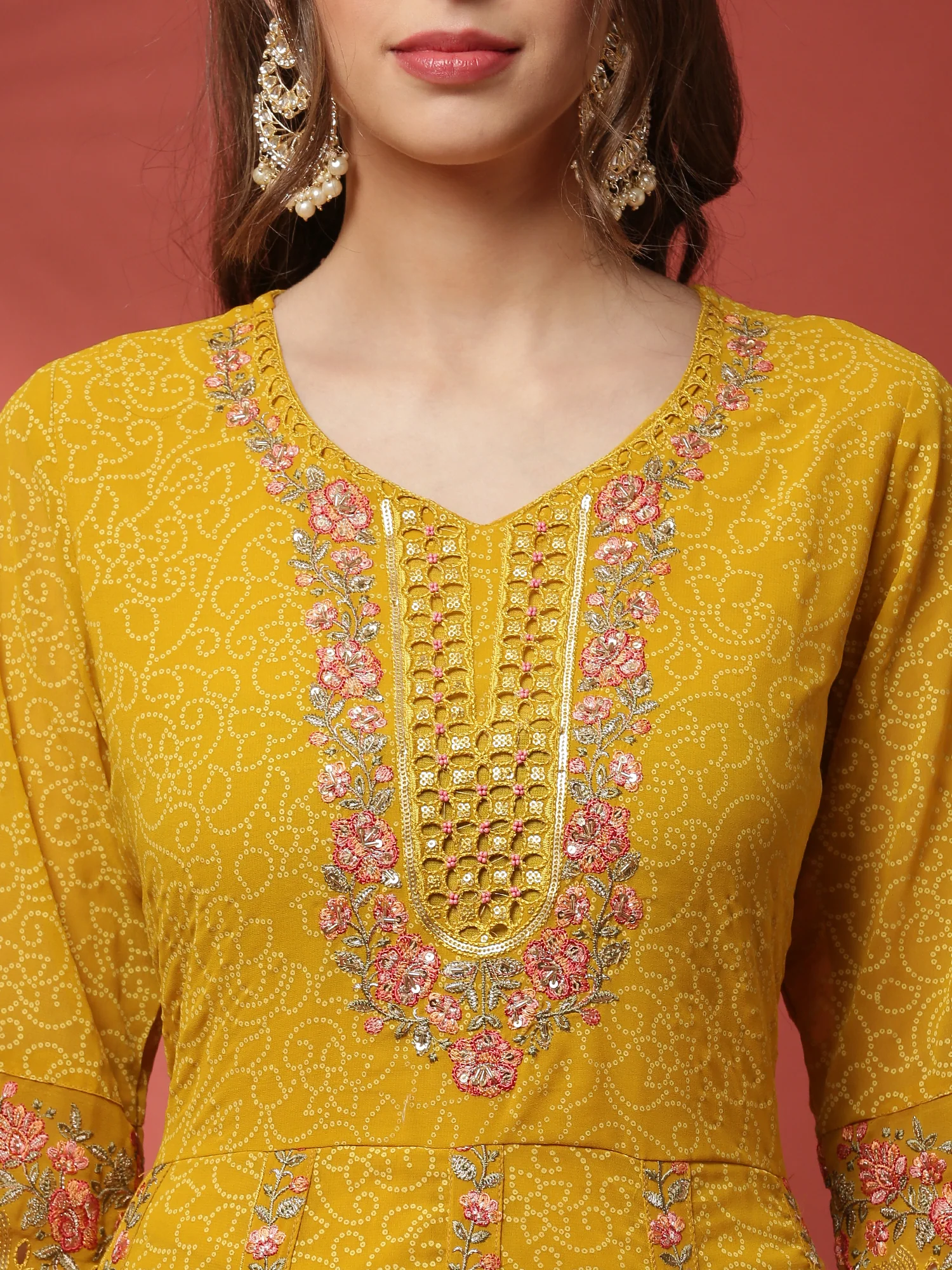 Mustard three piece georgette suit set with floral embroidery - Image 4