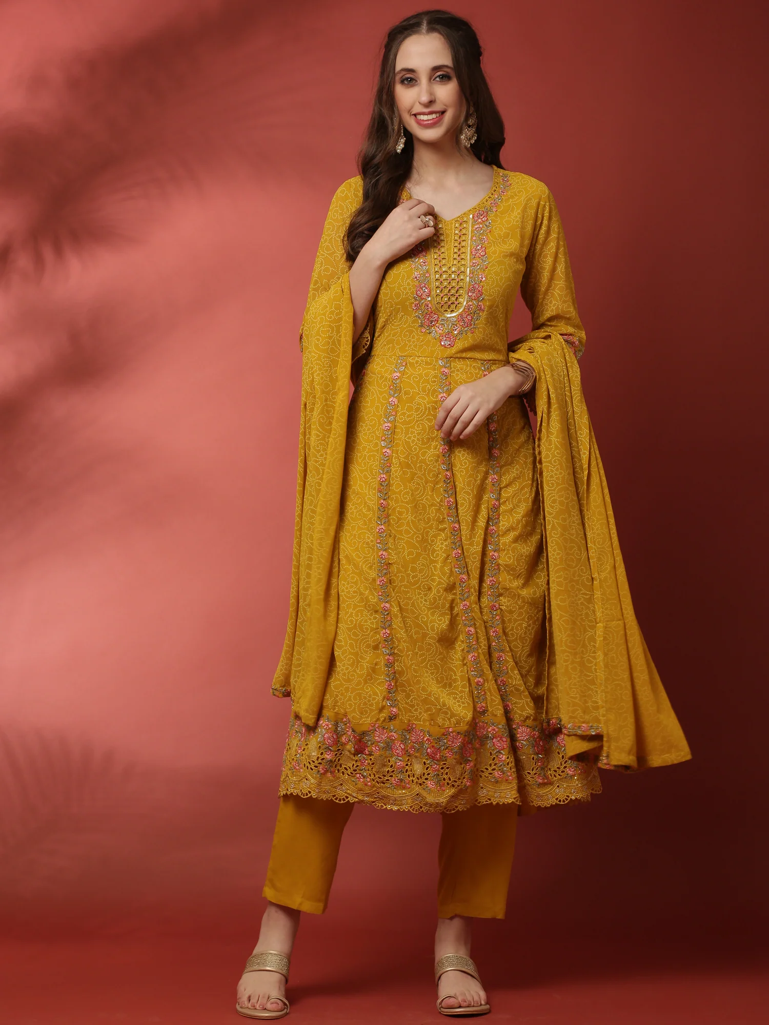 Mustard three piece georgette suit set with floral embroidery - Image 5
