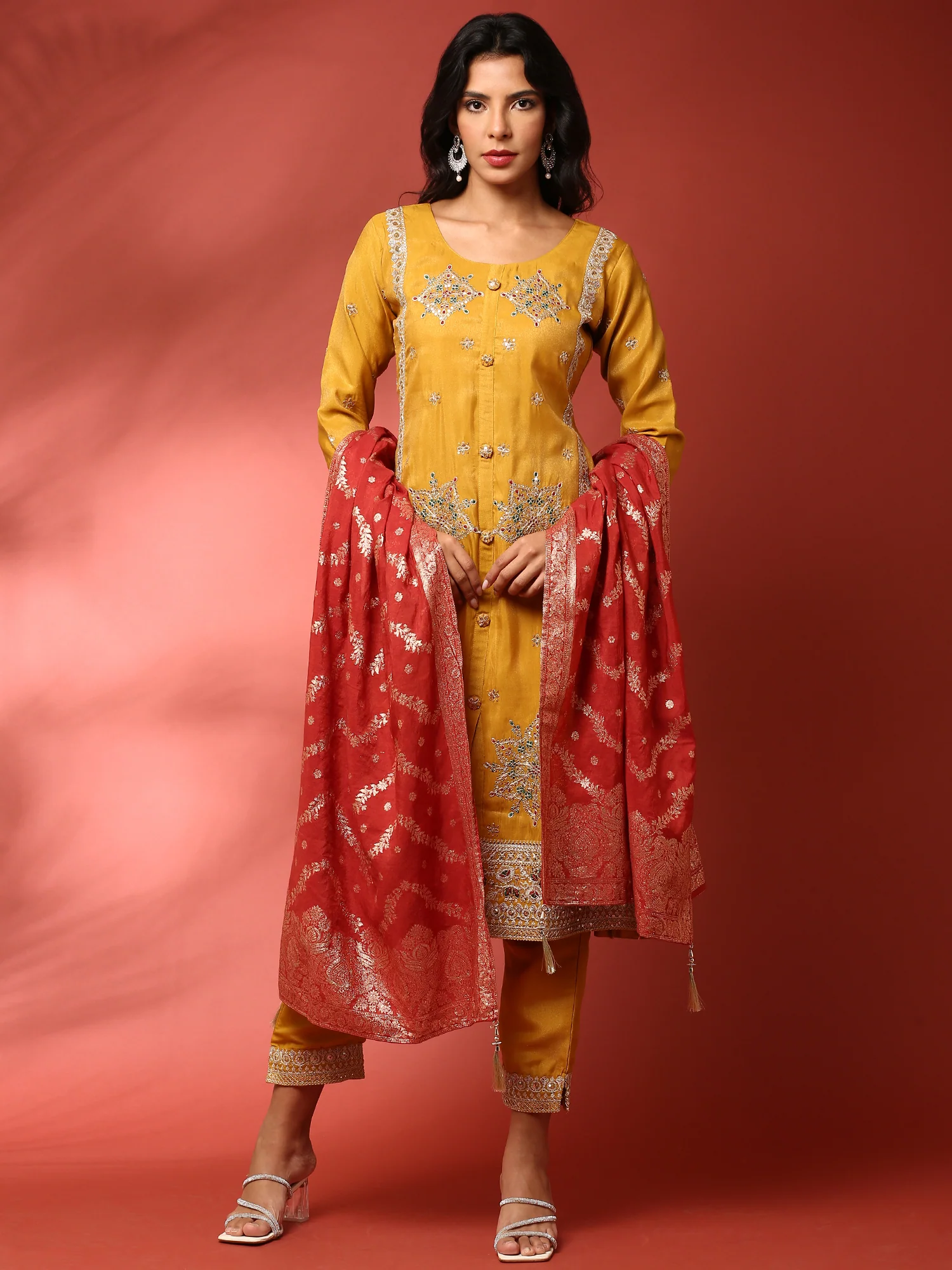 Mustard tissue fabric embroidered three piece suit set with contrast dupatta - Image 2