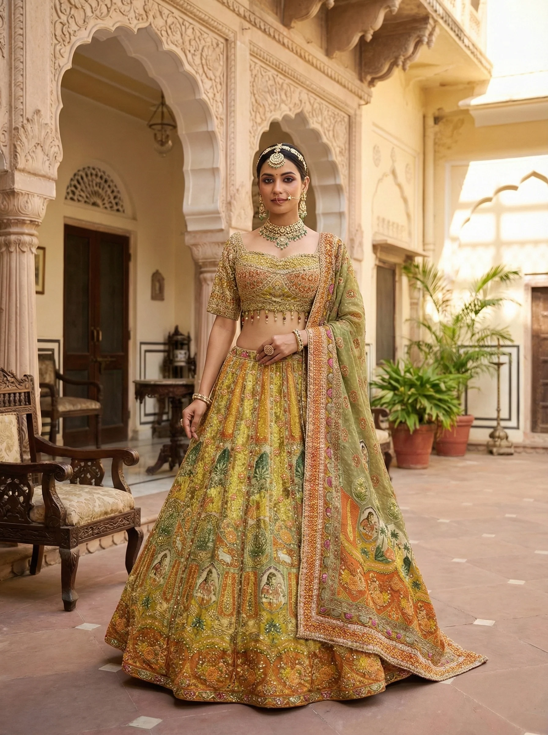 Mustard Tissue Heavy Hand Embroidered Ghagra Set