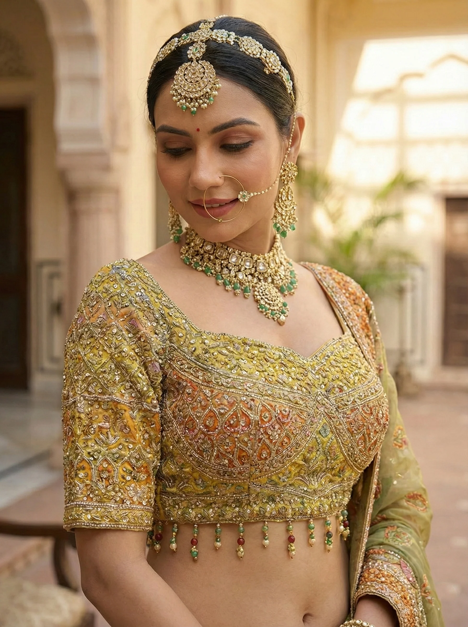 Mustard Tissue Heavy Hand Embroidered Ghagra Set - Image 3