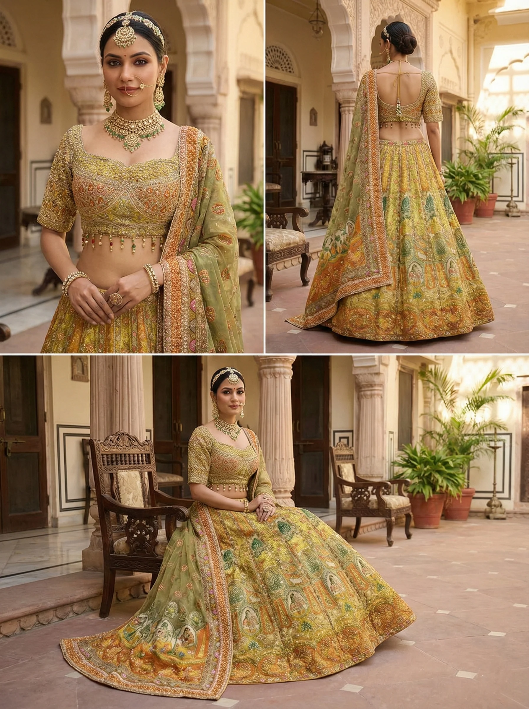 Mustard Tissue Heavy Hand Embroidered Ghagra Set - Image 4