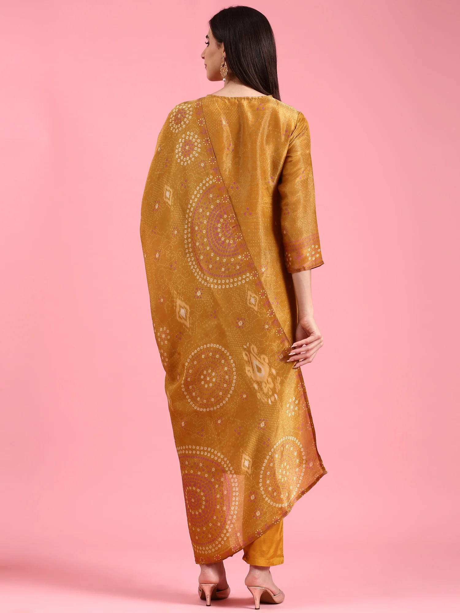 Mustard Tissue Printed Embroidery Three Piece Suit Set - Image 3
