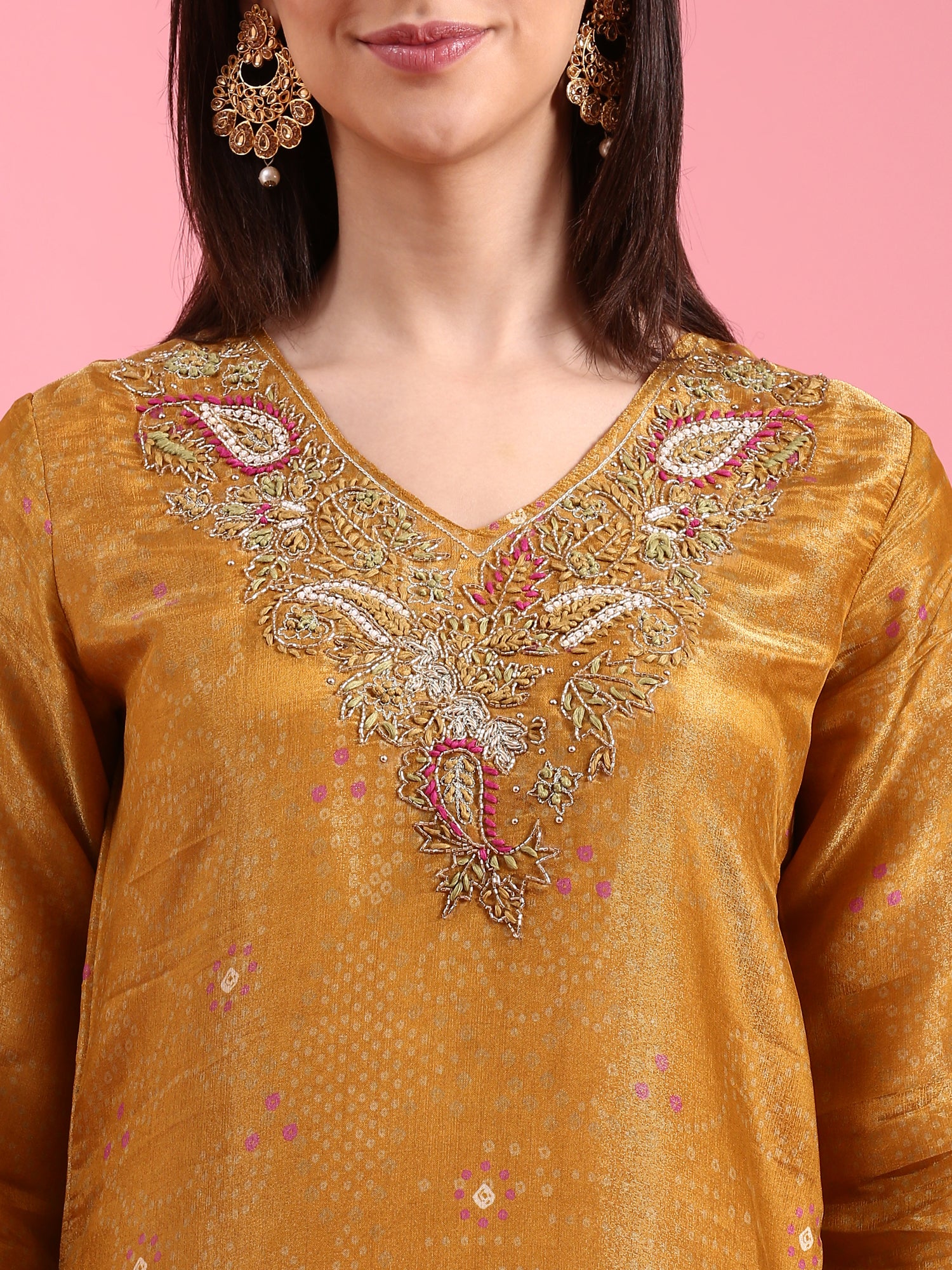 Mustard Tissue Printed Embroidery Three Piece Suit Set - Image 4