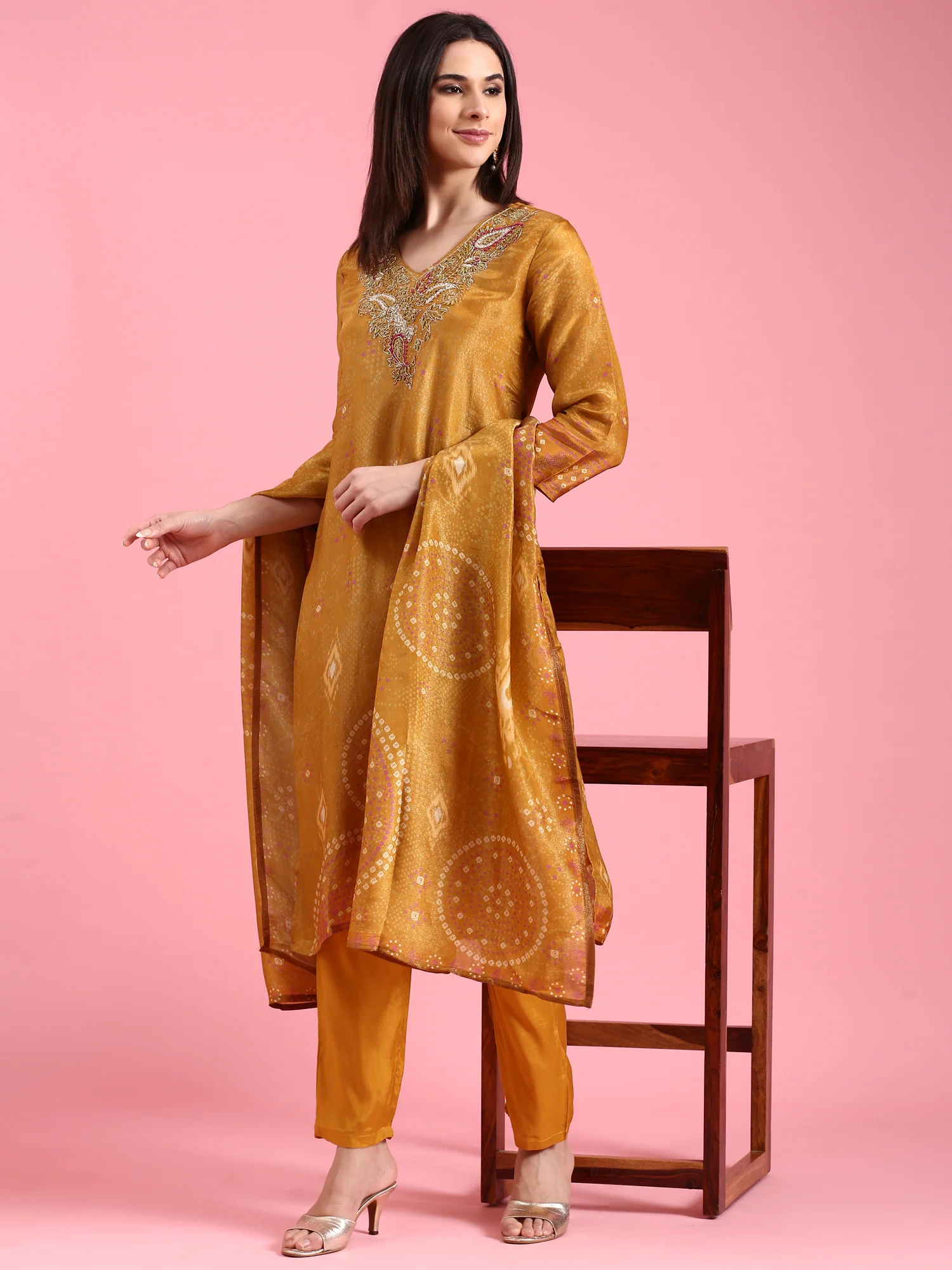 Mustard Tissue Printed Embroidery Three Piece Suit Set - Image 5