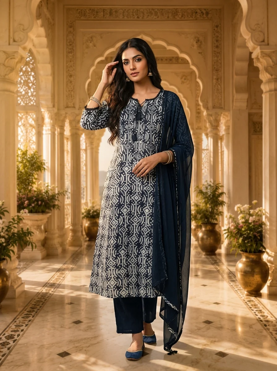 Navy Blue And White Organza Hand Block Printed Three Piece Set - Image 2