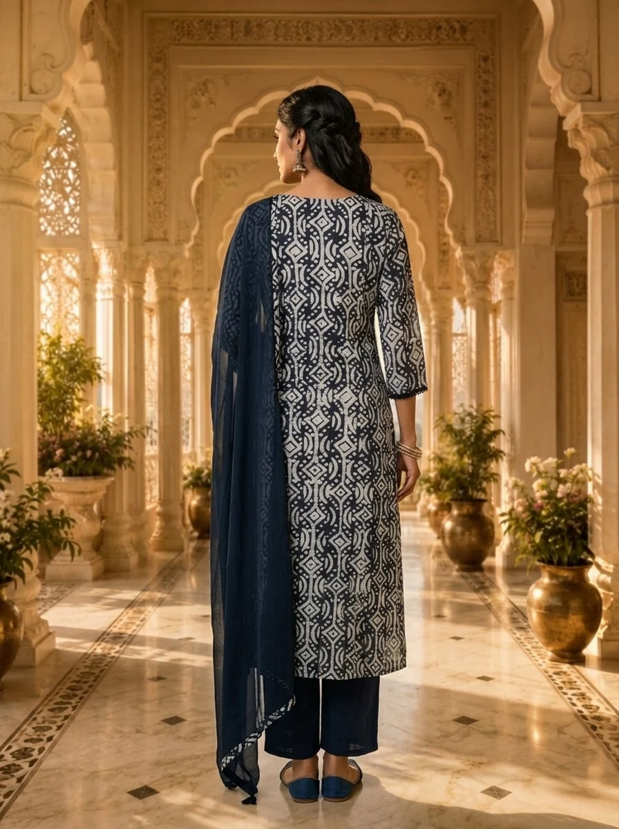 Navy Blue And White Organza Hand Block Printed Three Piece Set - Image 3