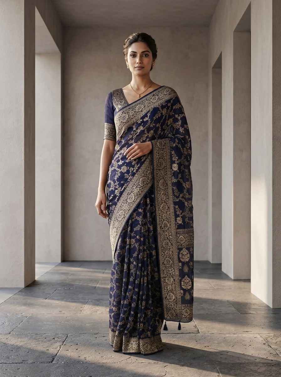 Navy Blue Banaras Floral Design Weaved Saree - Image 2