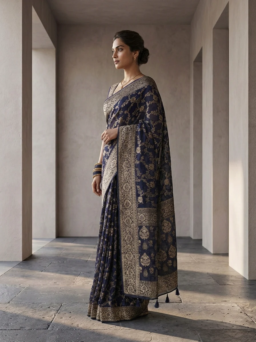 Navy Blue Banaras Floral Design Weaved Saree - Image 3