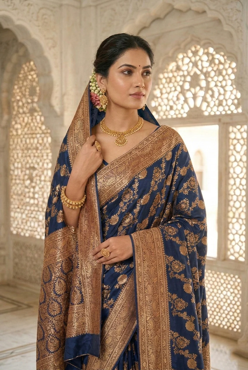 Navy Blue Banaras Floral Pattu Saree - Image 2