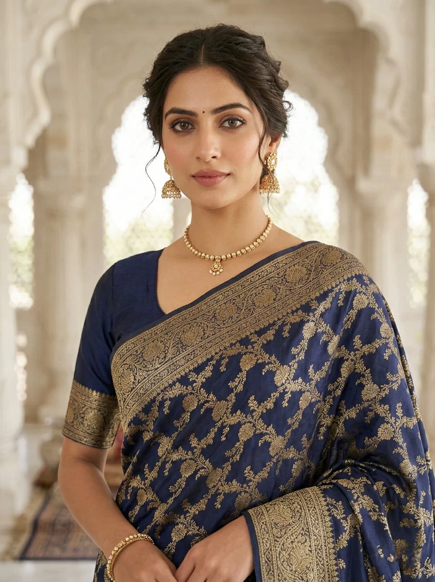 Navy Blue Banaras Floral Pattu Saree - Image 2
