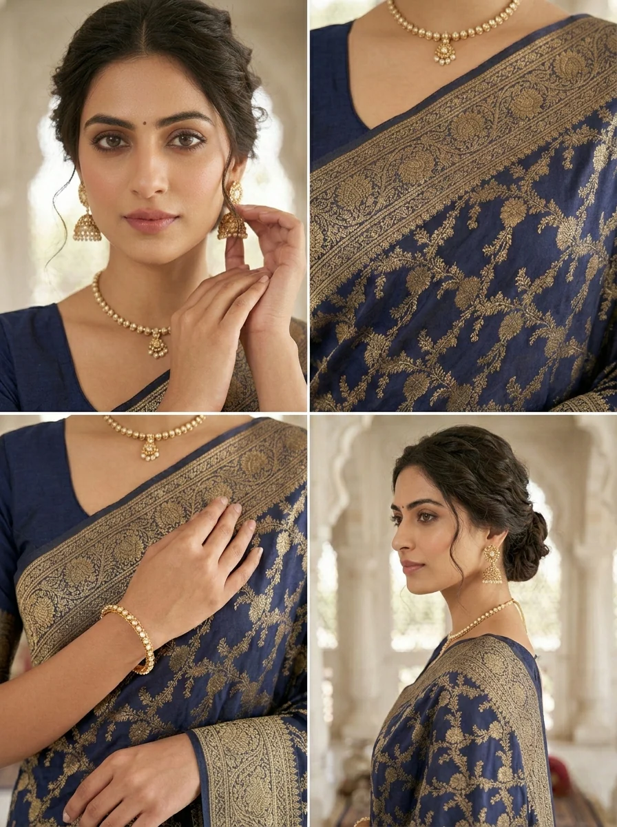 Navy Blue Banaras Floral Pattu Saree - Image 3