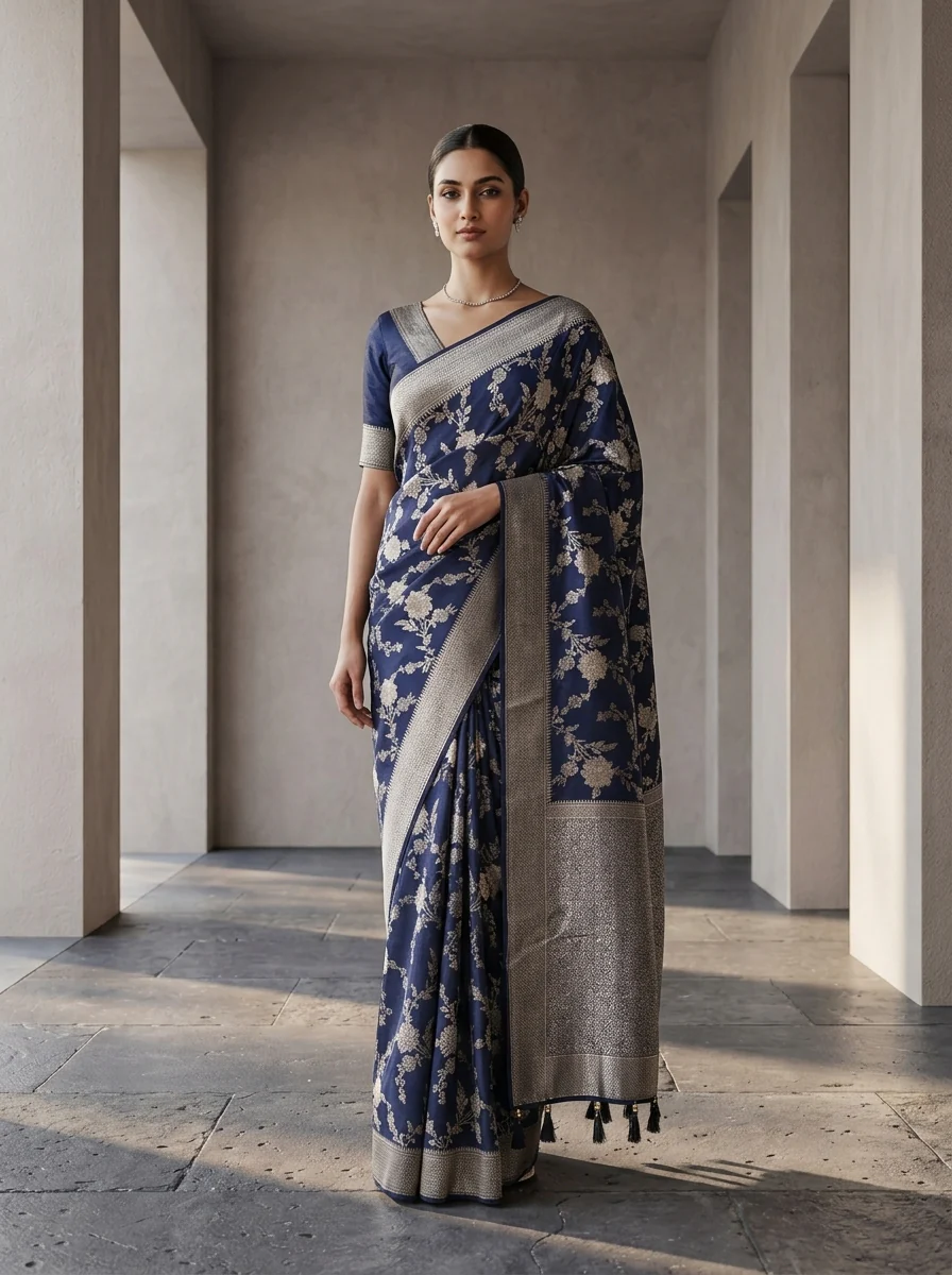 Navy Blue Banaras Floral Weaved Saree - Image 2