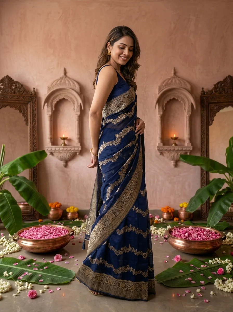 Navy Blue Banaras Weaved Saree - Image 2