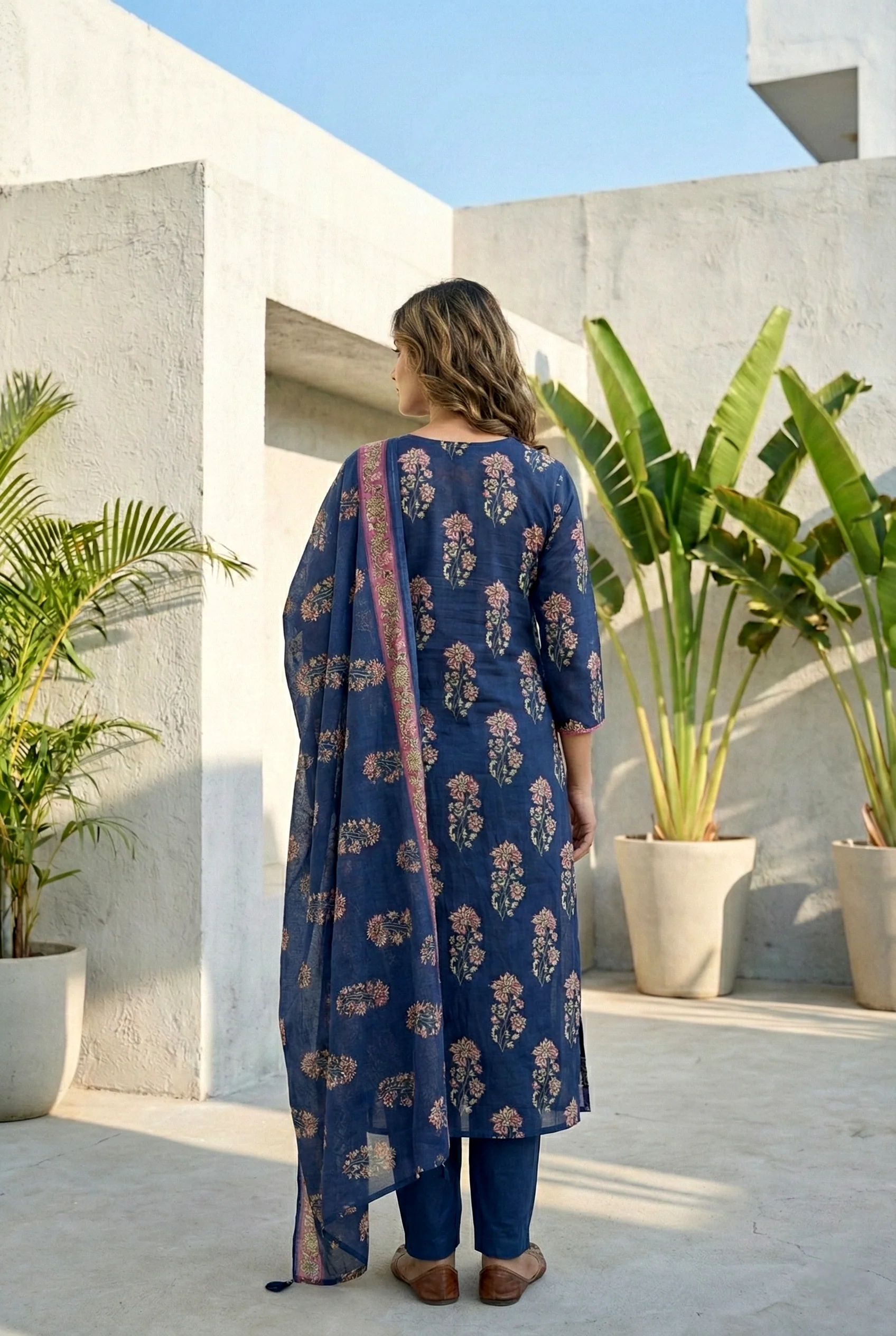 Navy Blue Cotton Floral Digital Printed Three Piece Set - Image 3