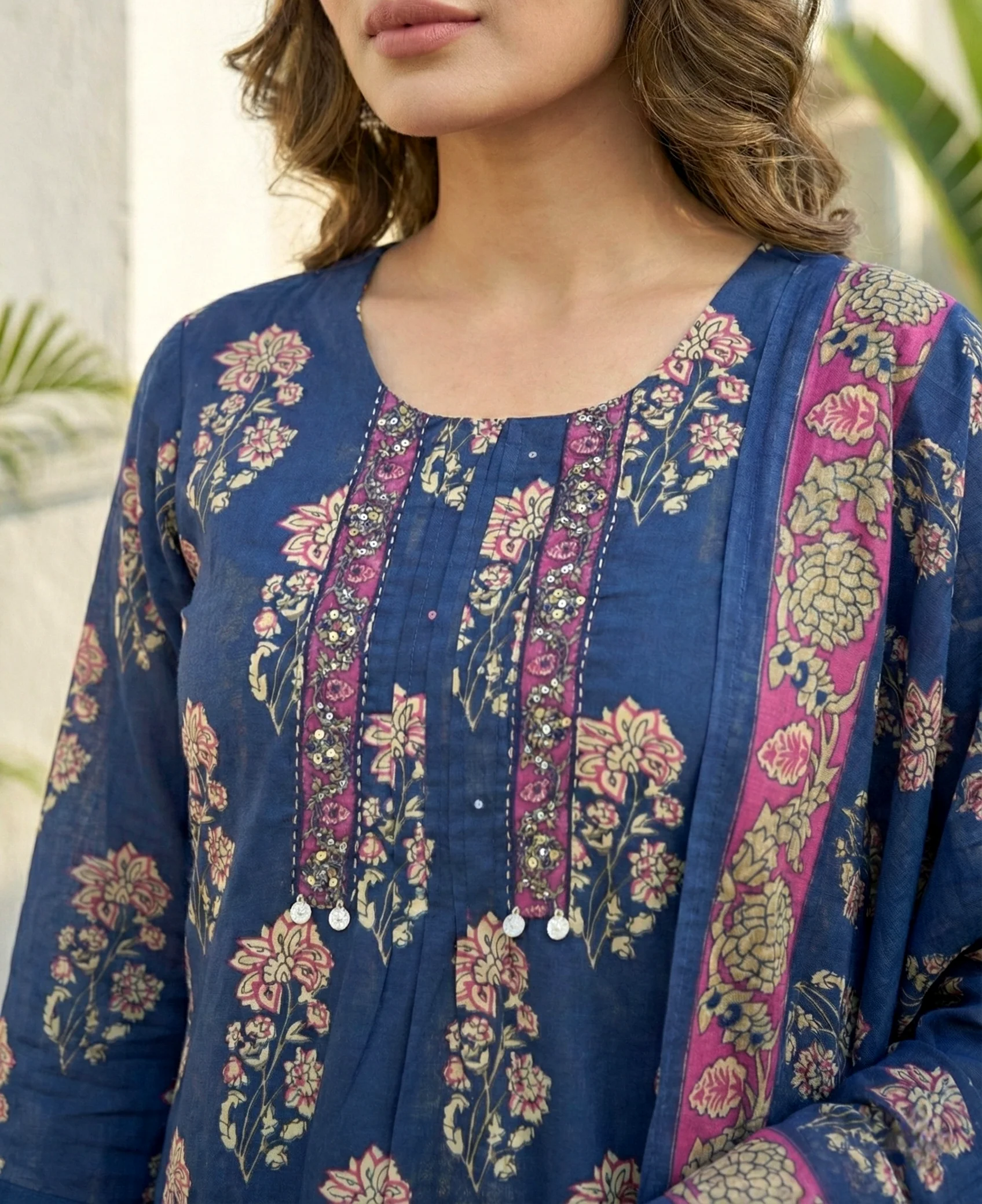 Navy Blue Cotton Floral Digital Printed Three Piece Set - Image 4