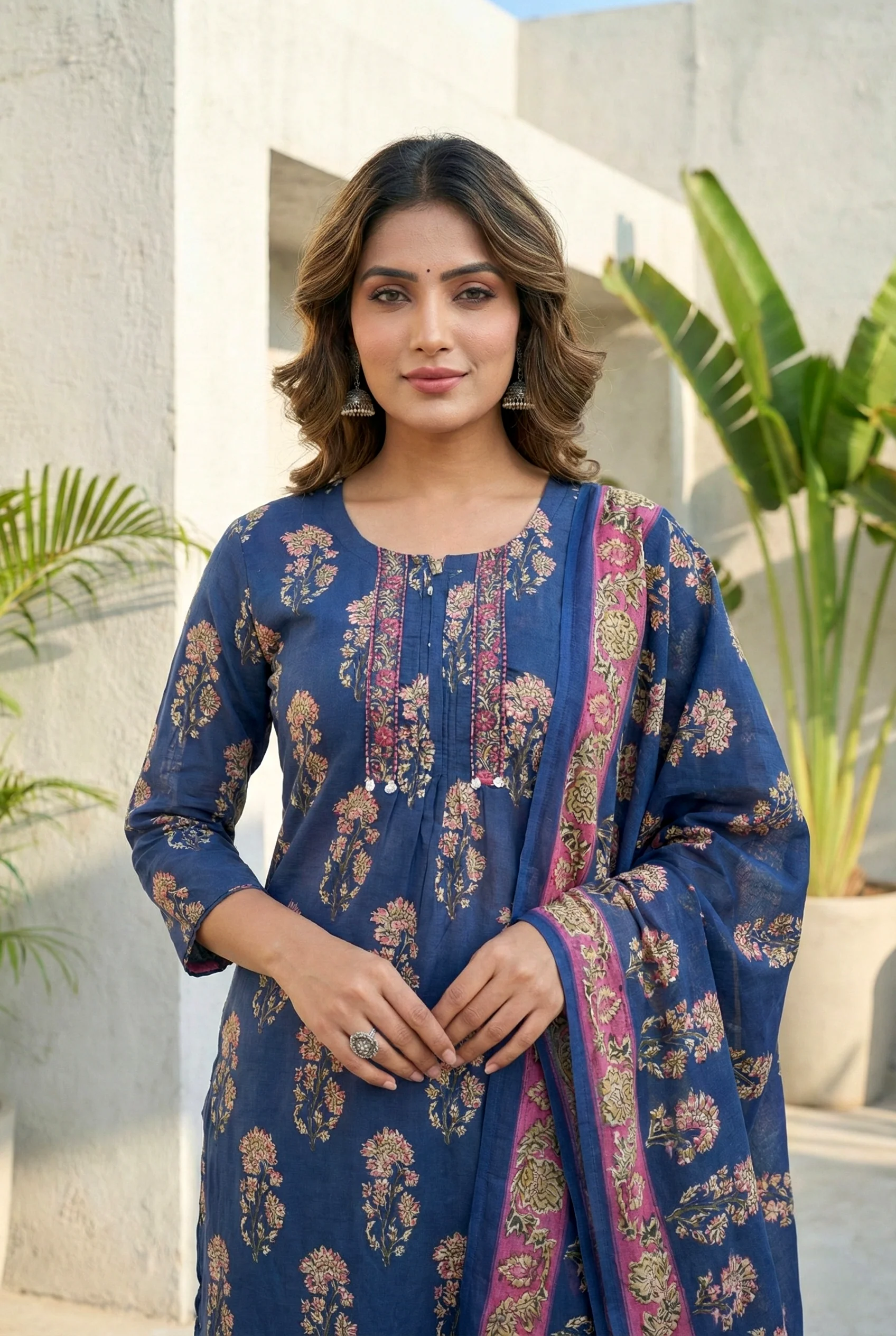 Navy Blue Cotton Floral Digital Printed Three Piece Set - Image 5