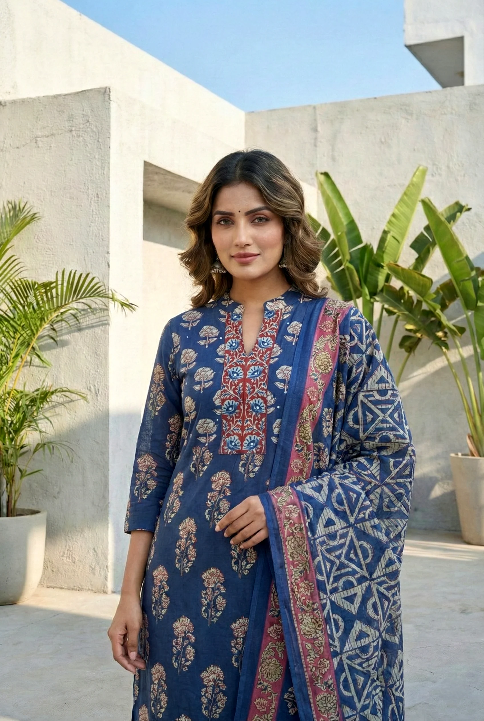 Navy Blue Cotton Floral Digital Printed Three Piece Set - Image 6