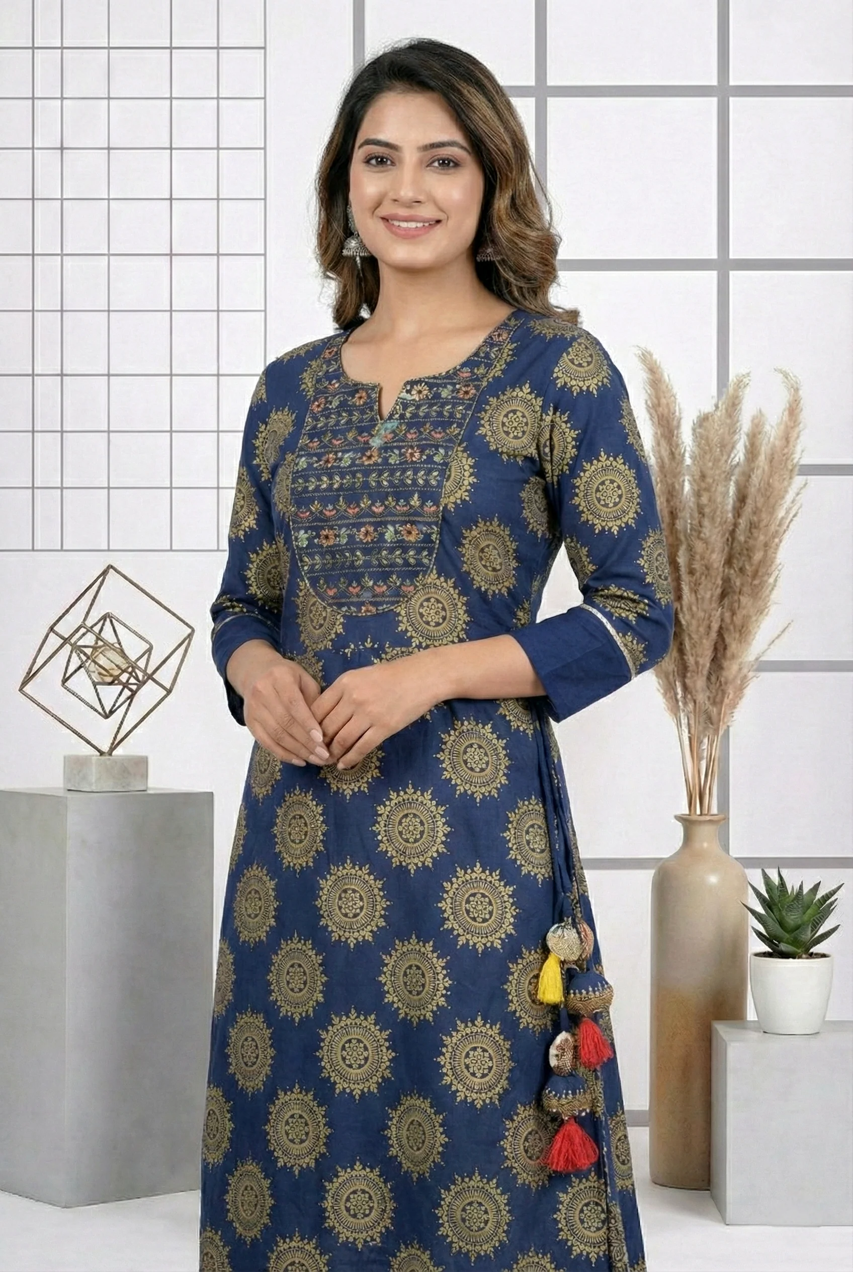 Navy Blue Cotton Floral Printed Dress - Image 3