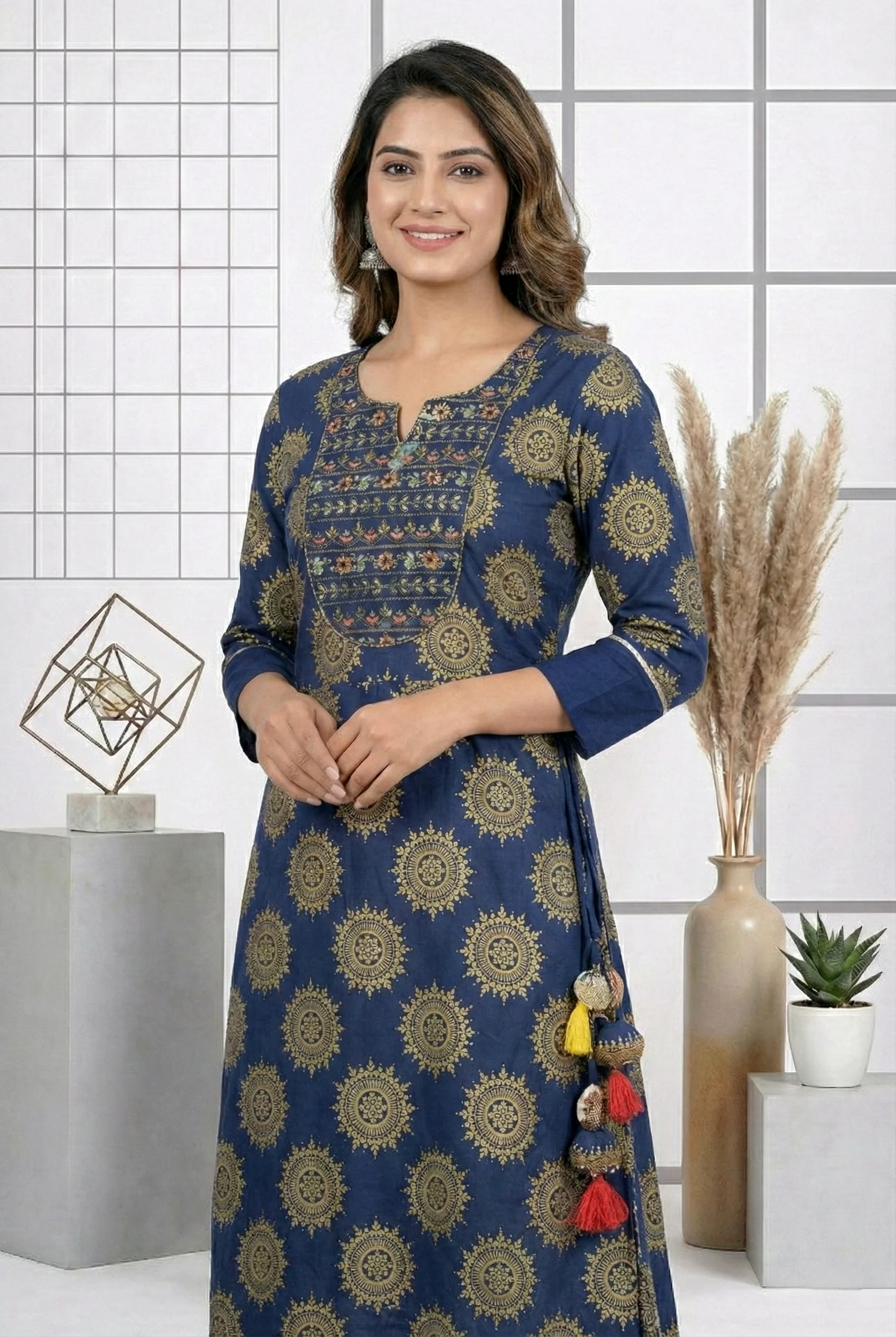 Navy Blue Cotton Floral Printed Dress - Image 4
