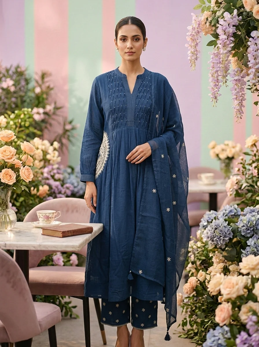 Navy Blue Cotton Three Piece Set