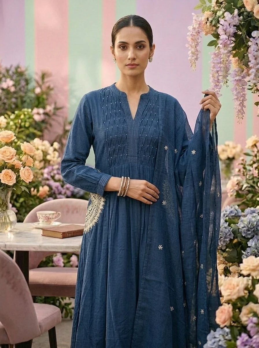 Navy Blue Cotton Three Piece Set - Image 4