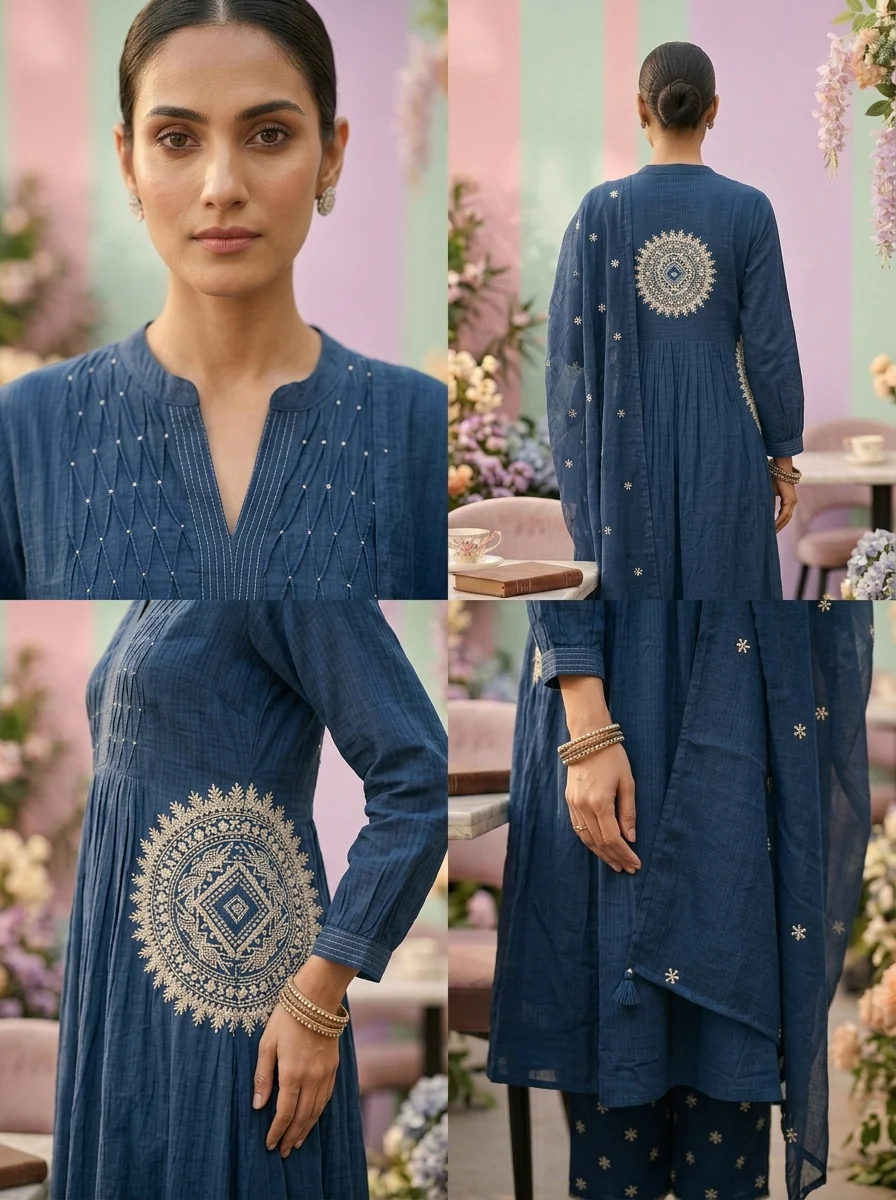 Navy Blue Cotton Three Piece Set - Image 5